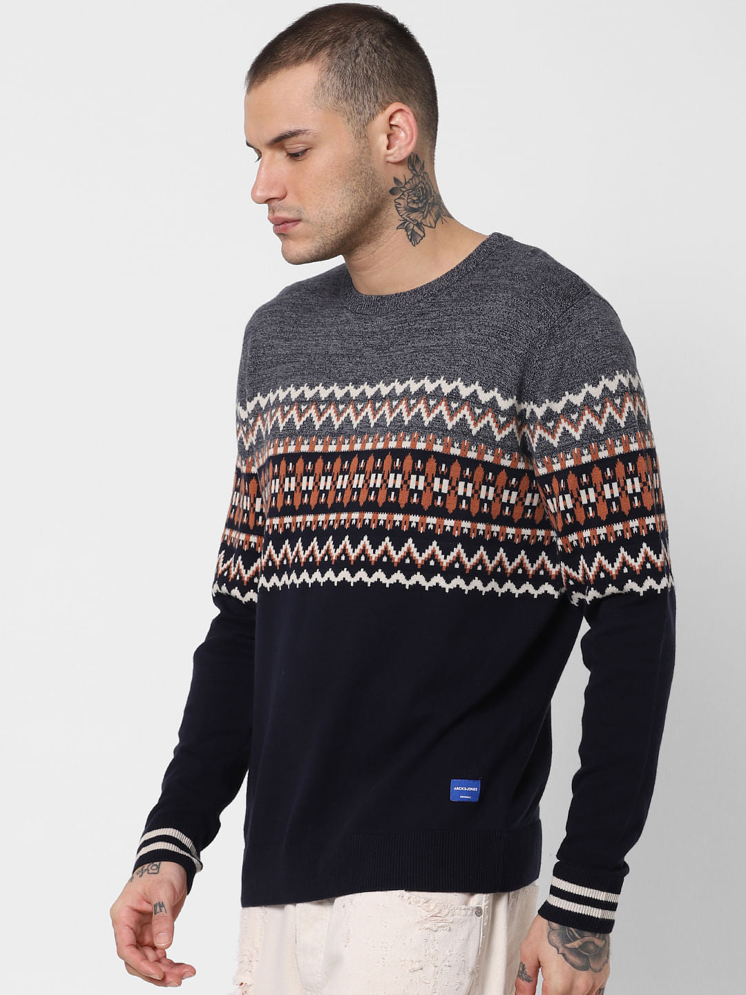 Grey Colourblocked Printed Pullover