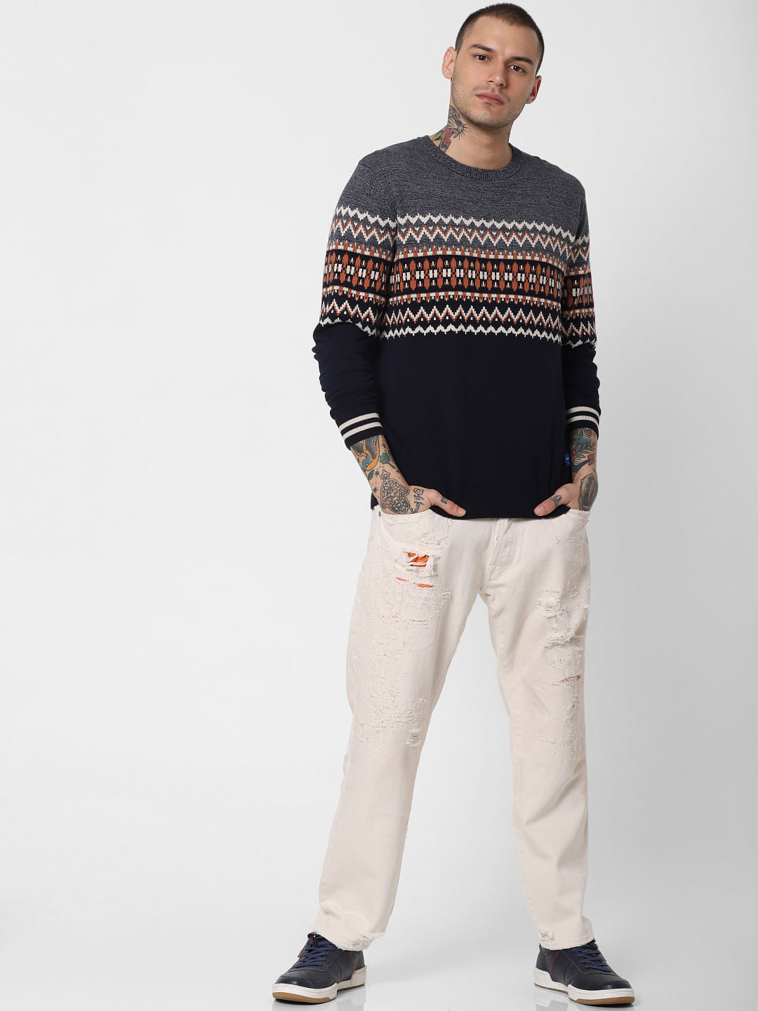 Grey Colourblocked Printed Pullover