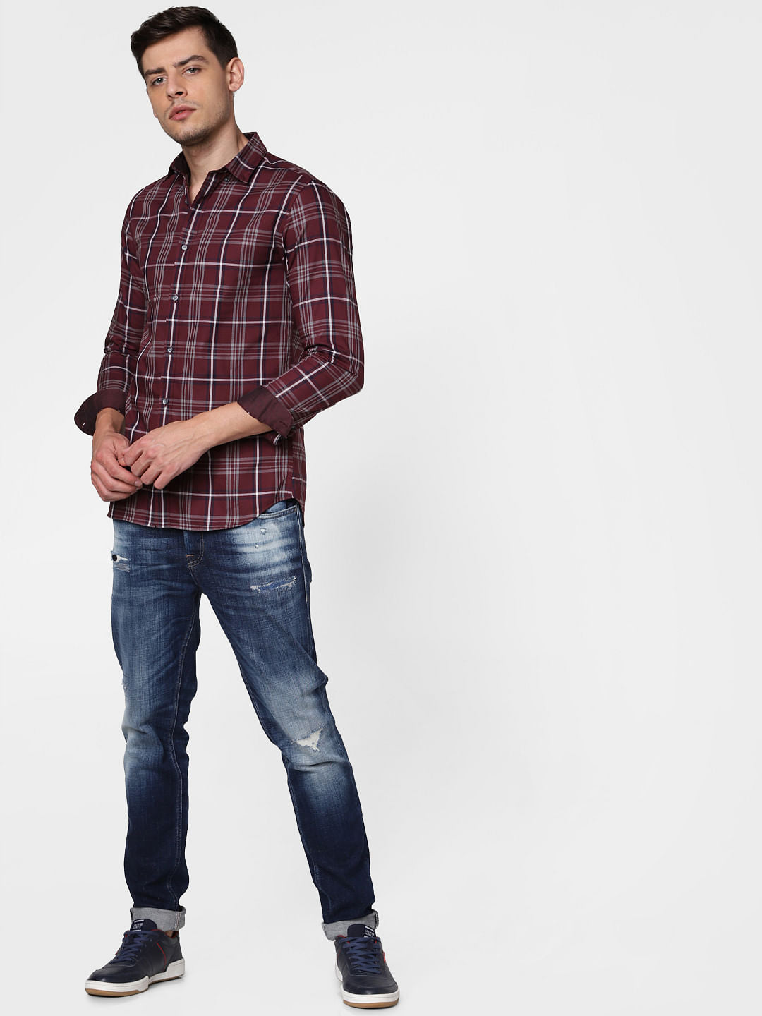 Burgundy Check Full Sleeves Shirt