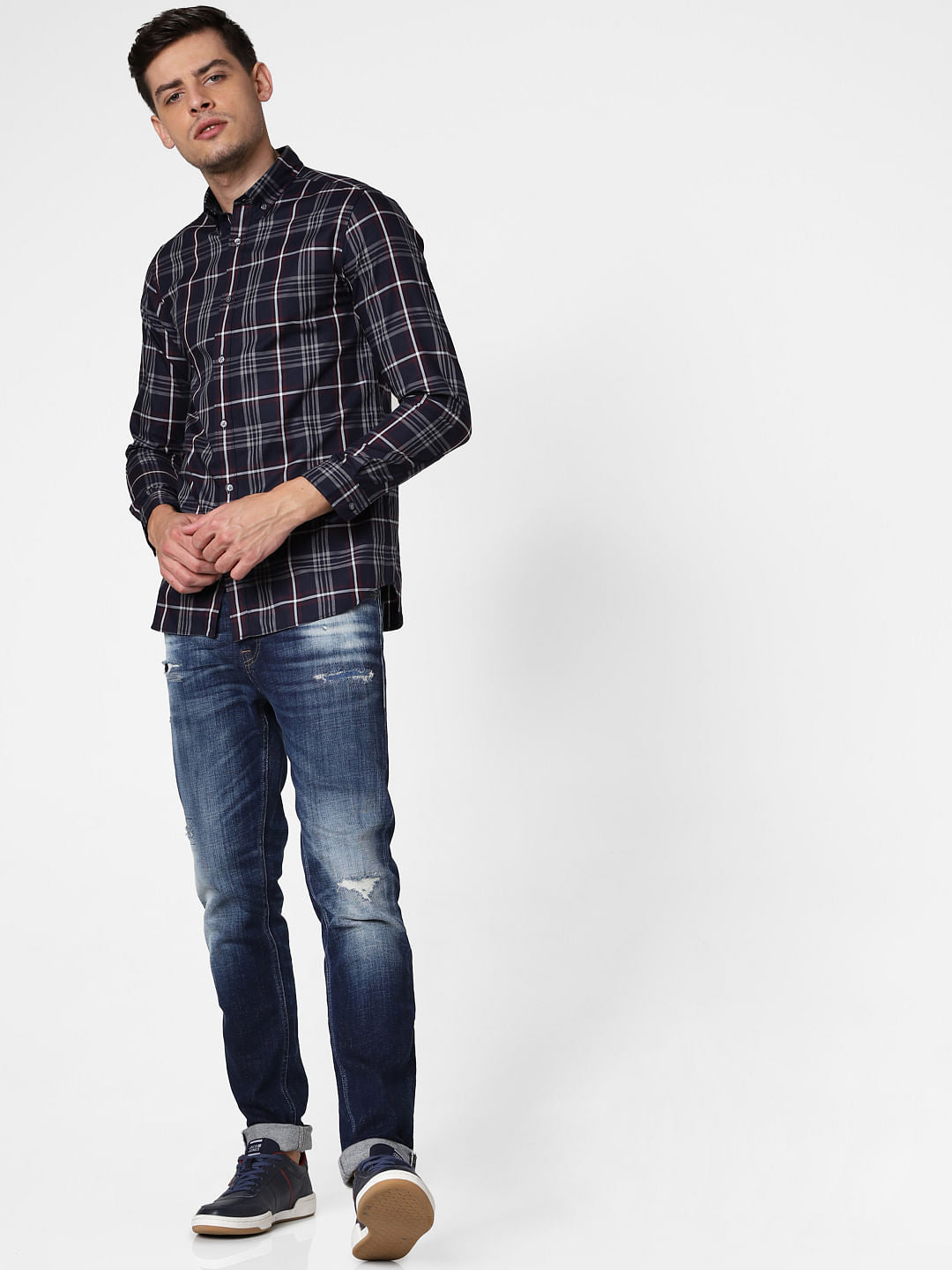 Navy Blue Check Full Sleeves Shirt