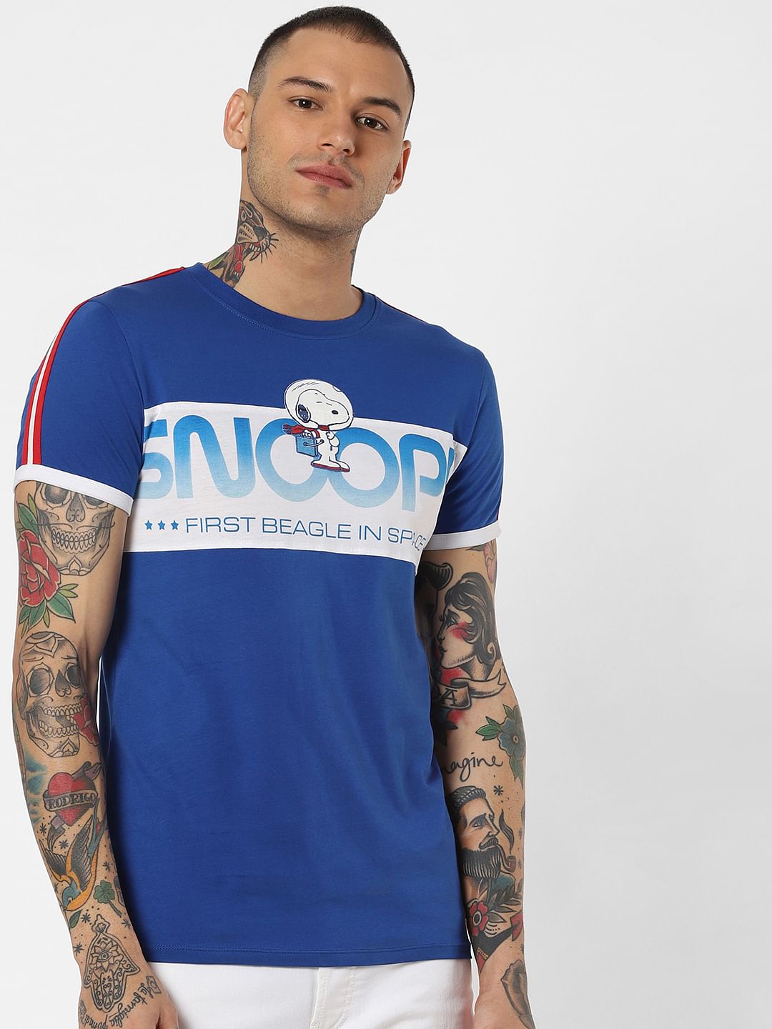 X Snoopy Blue Snoopy Text Print Crew Neck T-Shirt