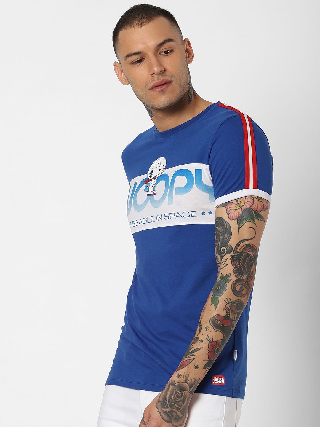X Snoopy Blue Snoopy Text Print Crew Neck T-Shirt