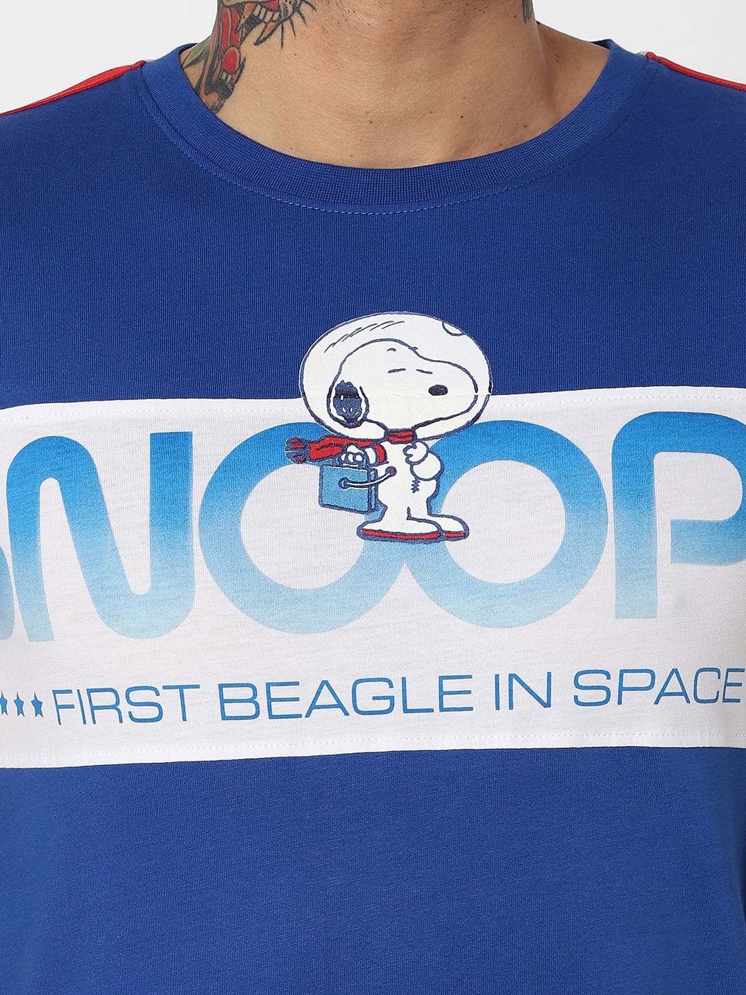X Snoopy Blue Snoopy Text Print Crew Neck T-Shirt