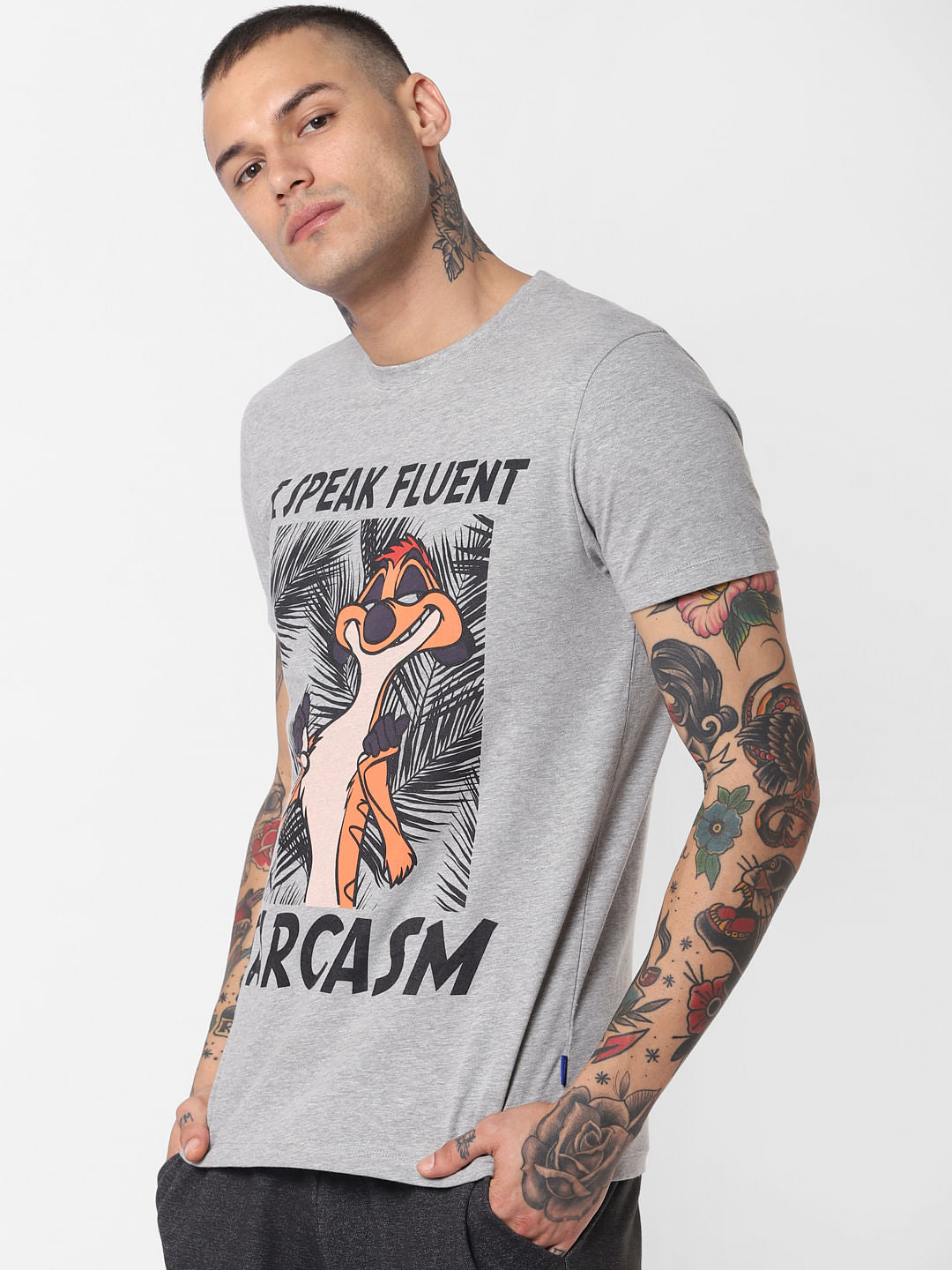 X Lion King Grey Timon Print Crew Neck T-Shirt