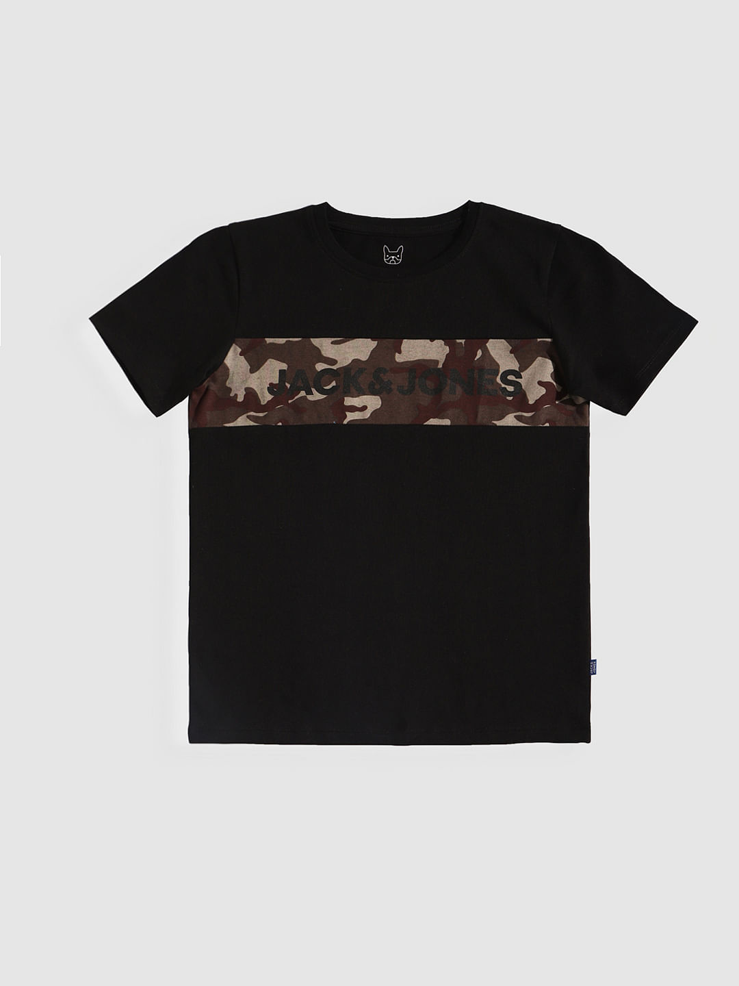 Boys Black Camo Patch Crew Neck T-Shirt