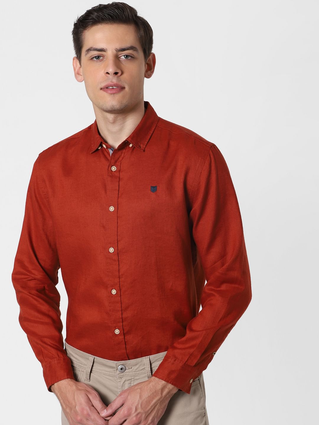 Brick Red Linen Full Sleeves Shirt