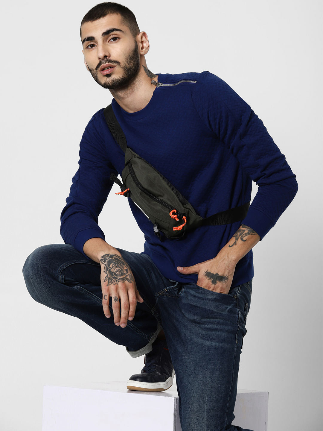 Blue Textured Zip Detail Sweatshirt