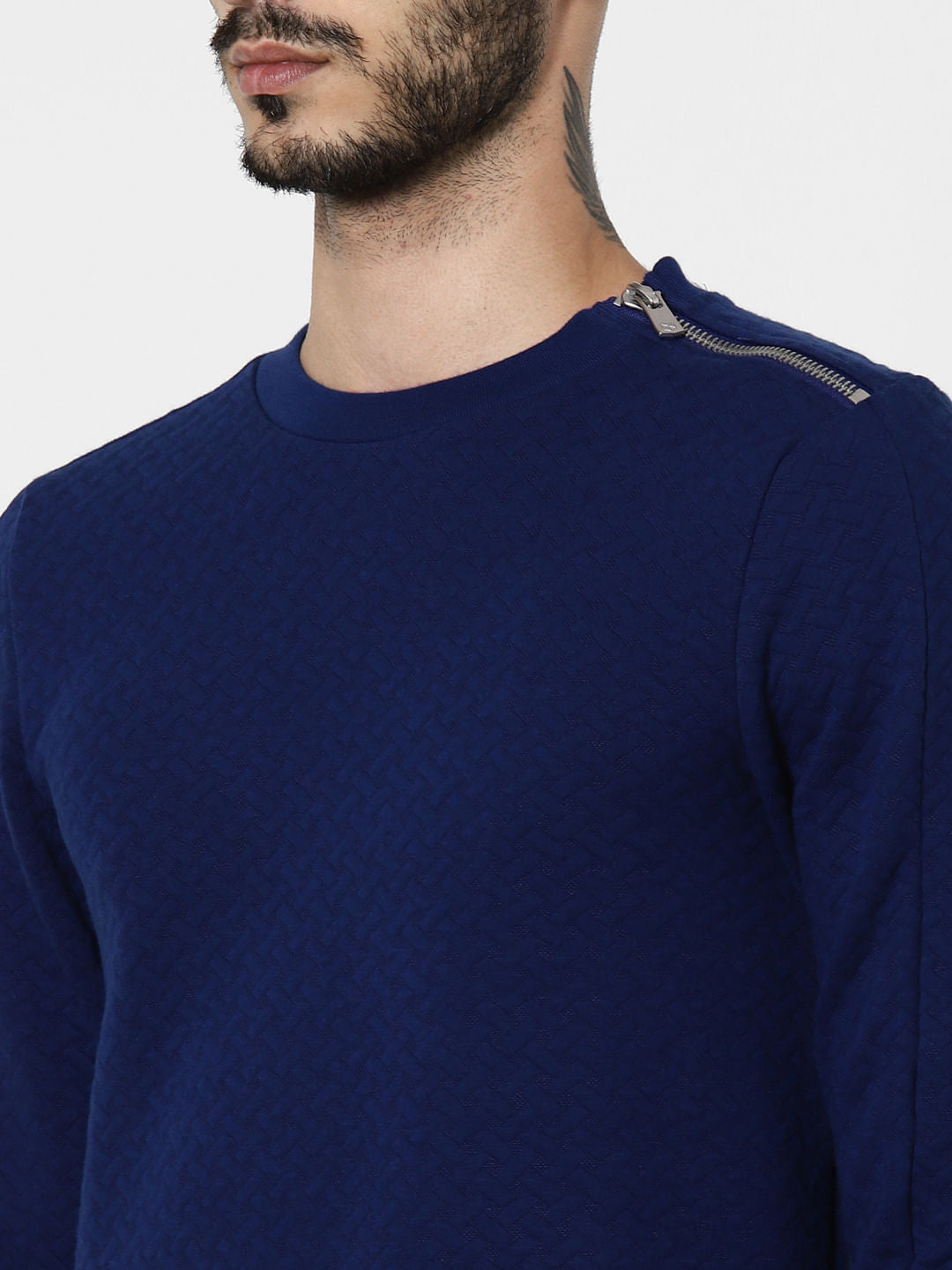 Blue Textured Zip Detail Sweatshirt
