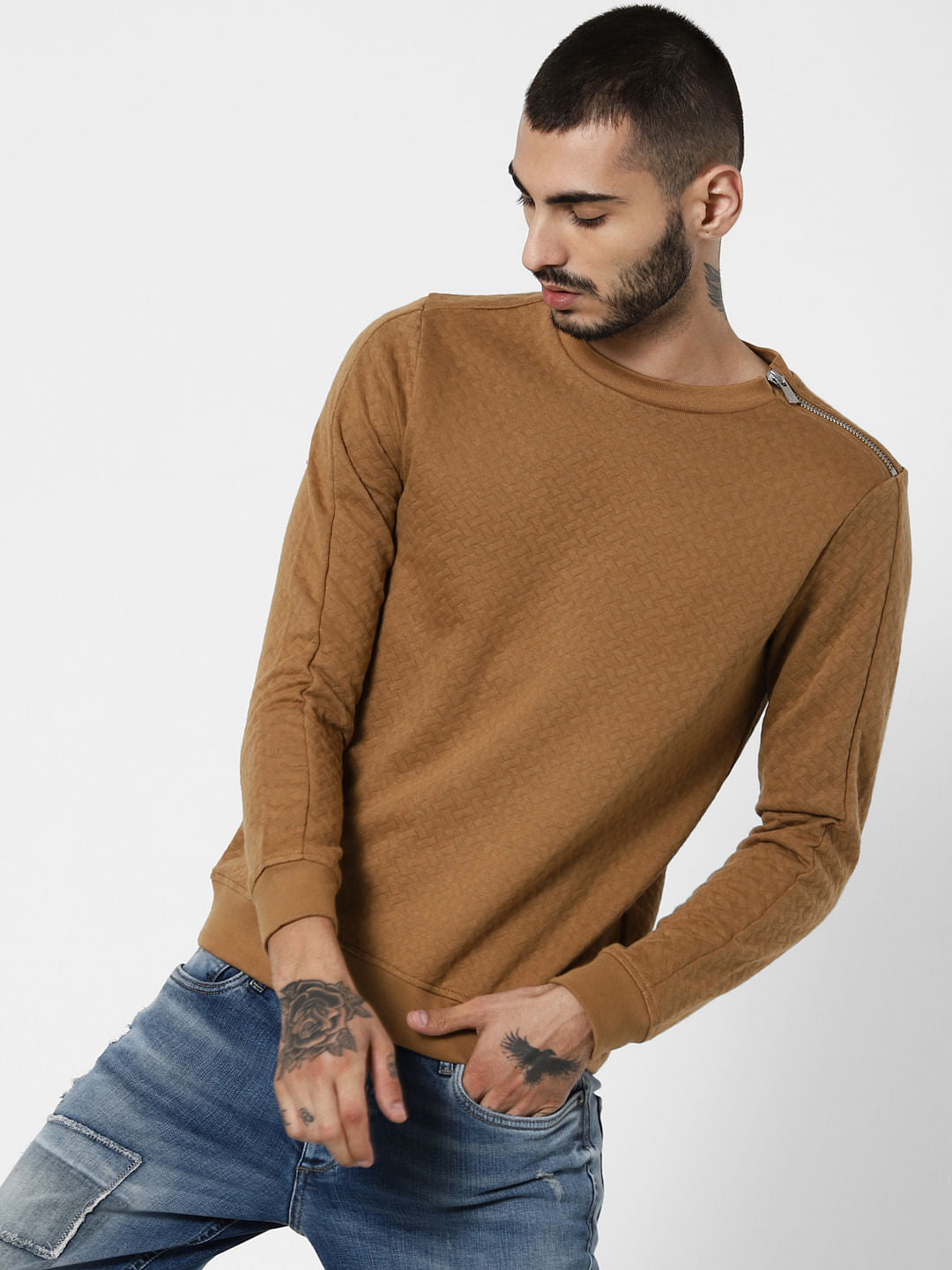 Brown Textured Zip Detail Sweatshirt