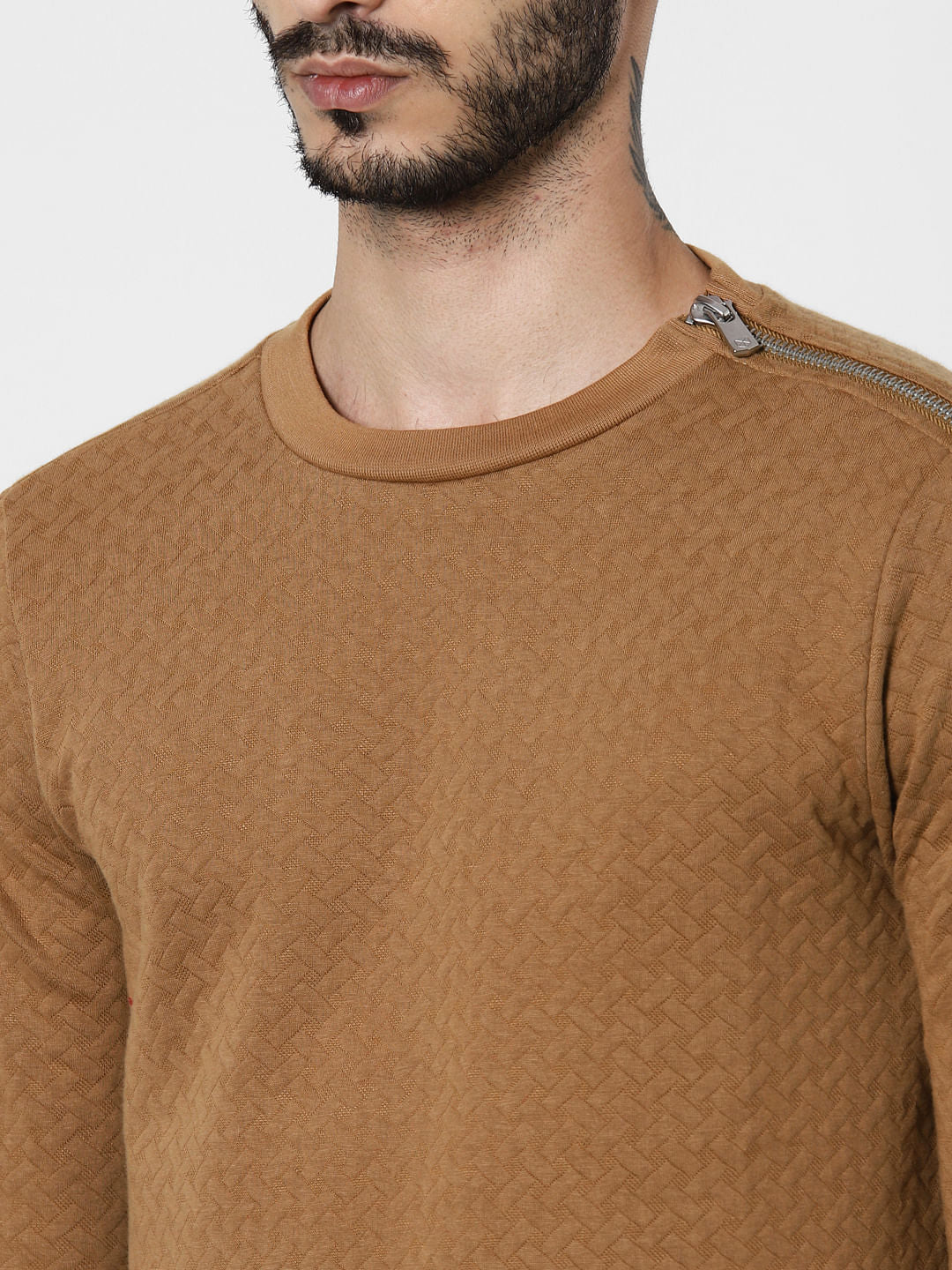Brown Textured Zip Detail Sweatshirt