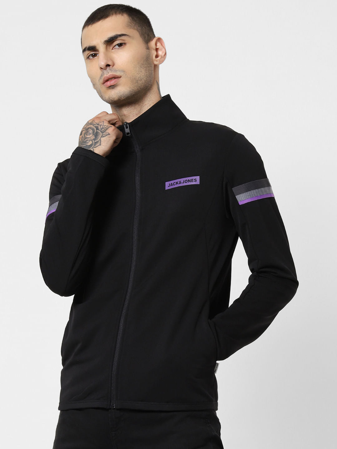 Black Tape Detail Zip Up Sweatshirt