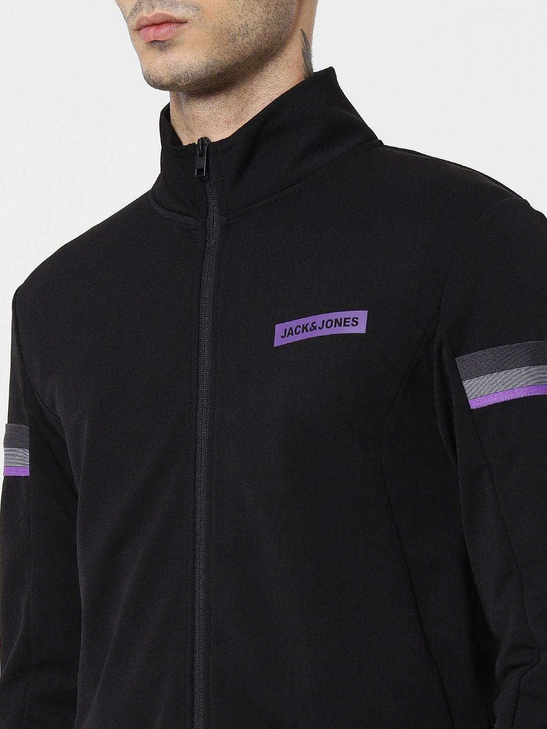 Black Tape Detail Zip Up Sweatshirt