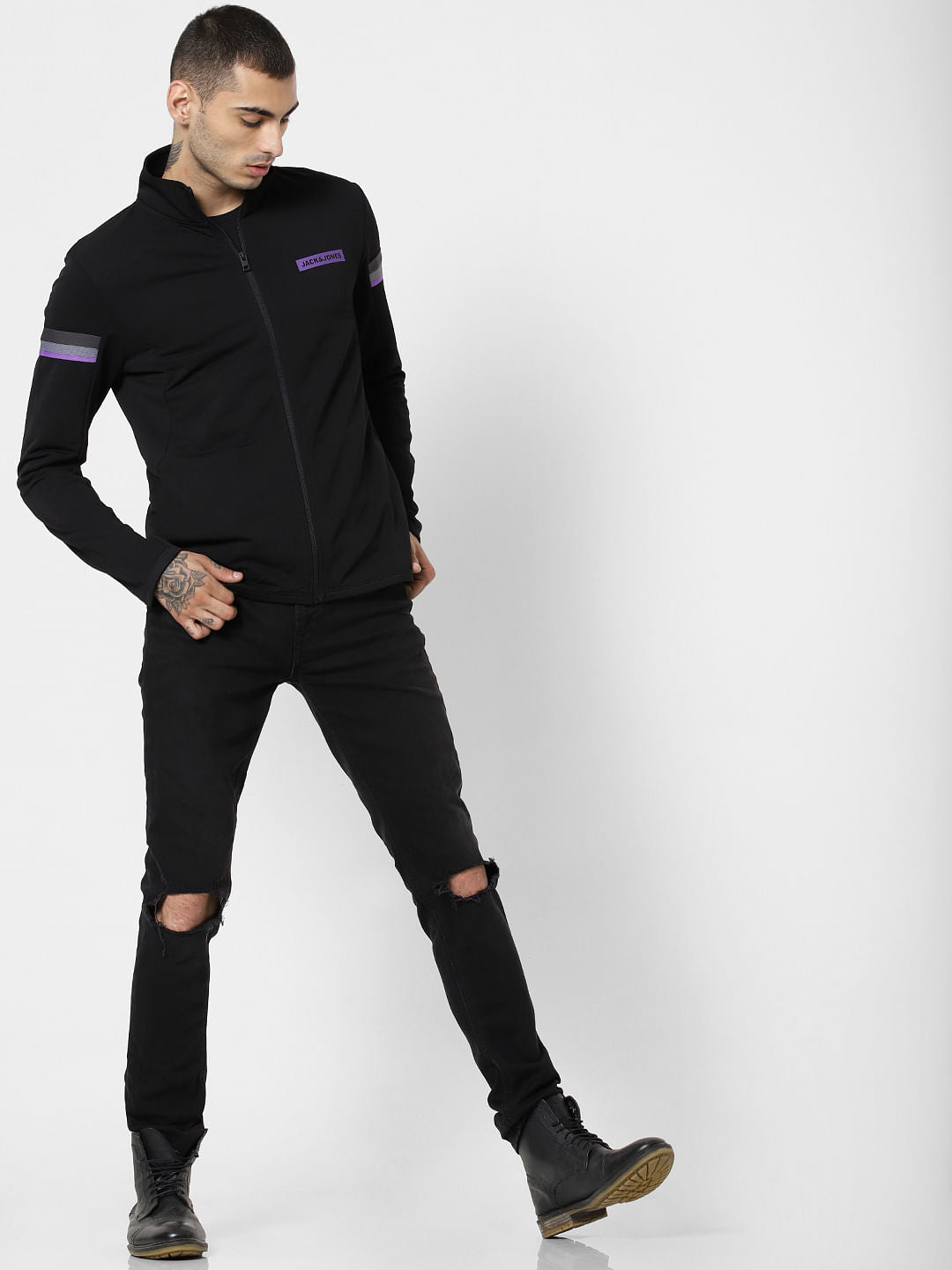 Black Tape Detail Zip Up Sweatshirt