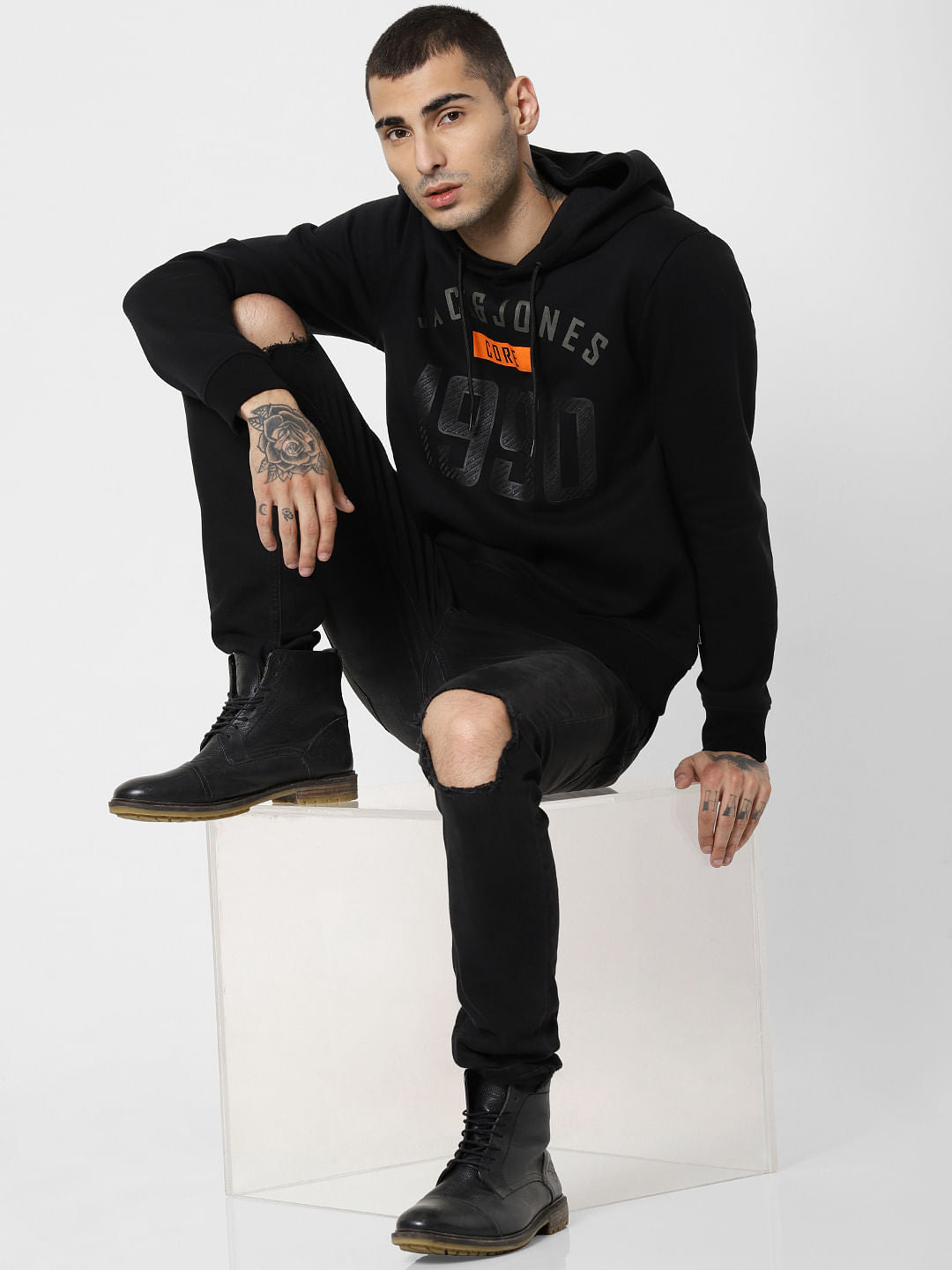 Black Logo Print Hooded Sweatshirt