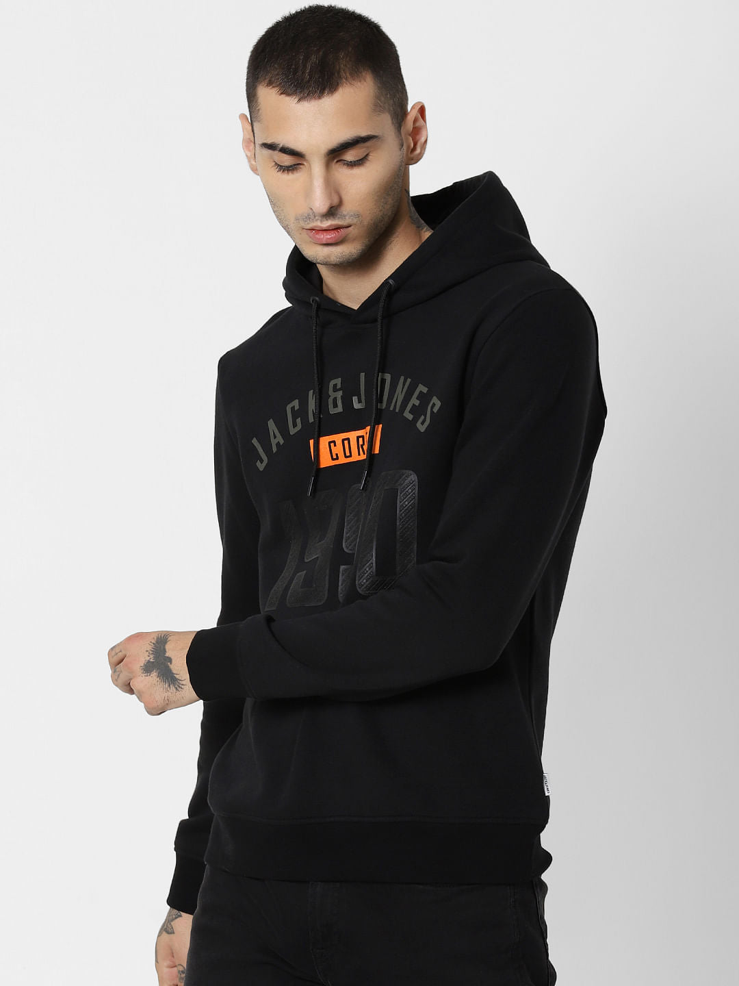 Black Logo Print Hooded Sweatshirt