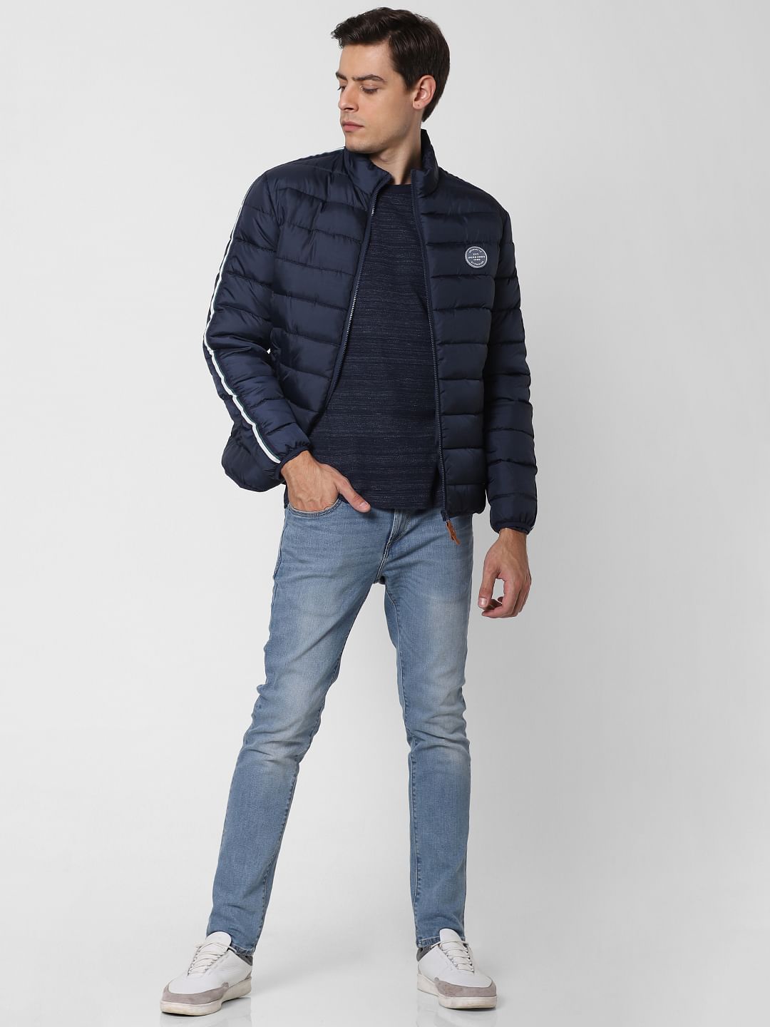 Navy Blue Tape Detail Puffer Jacket