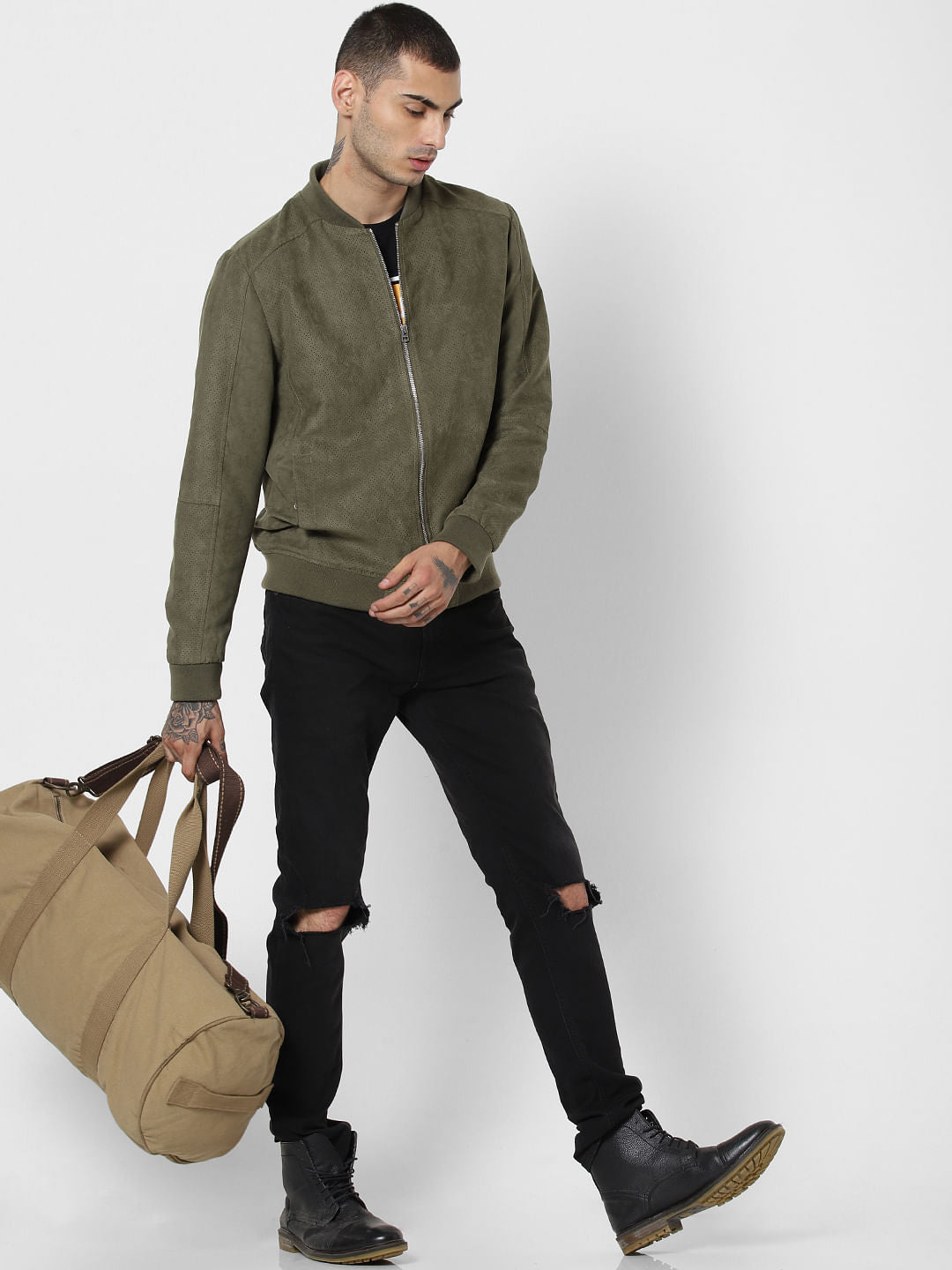 Green Perforated Suede Bomber Jacket