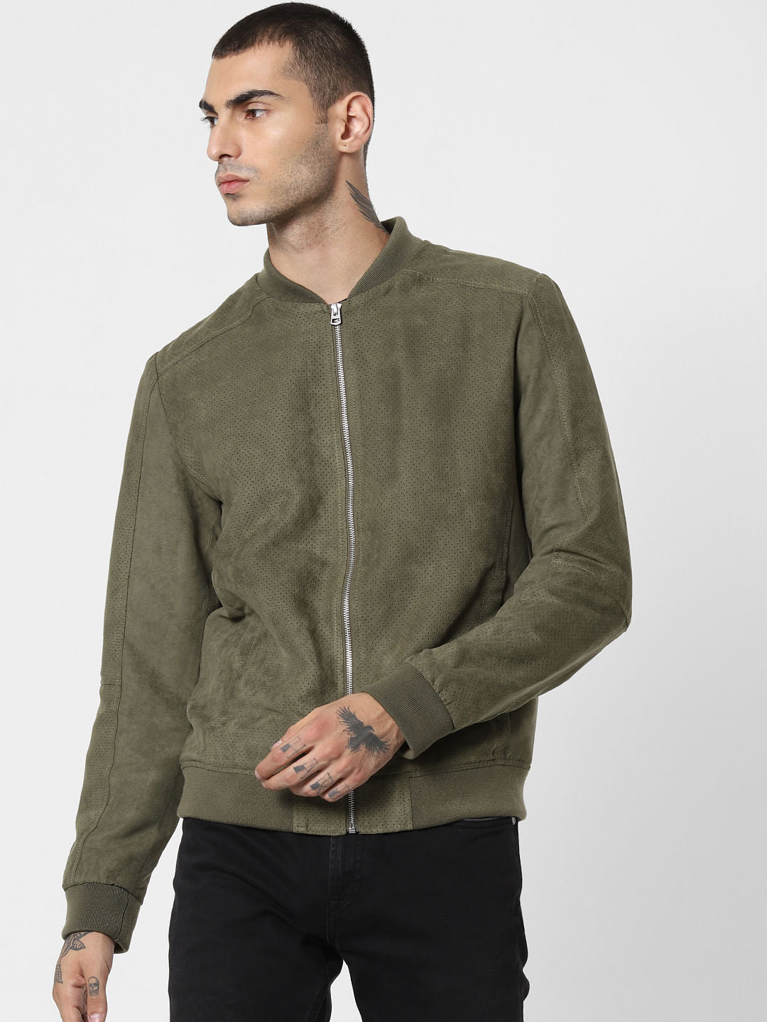 Green Perforated Suede Bomber Jacket