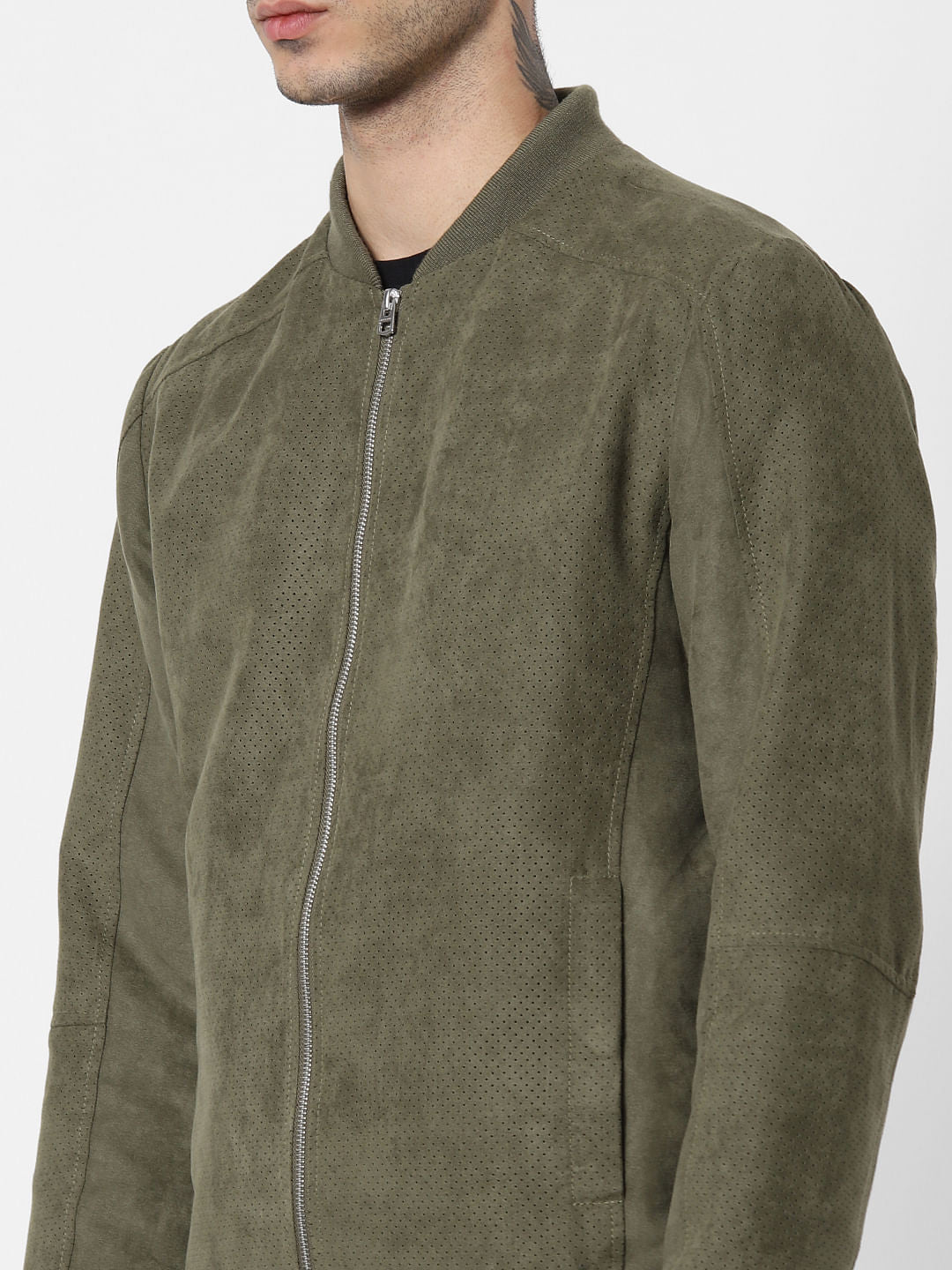 Green Perforated Suede Bomber Jacket