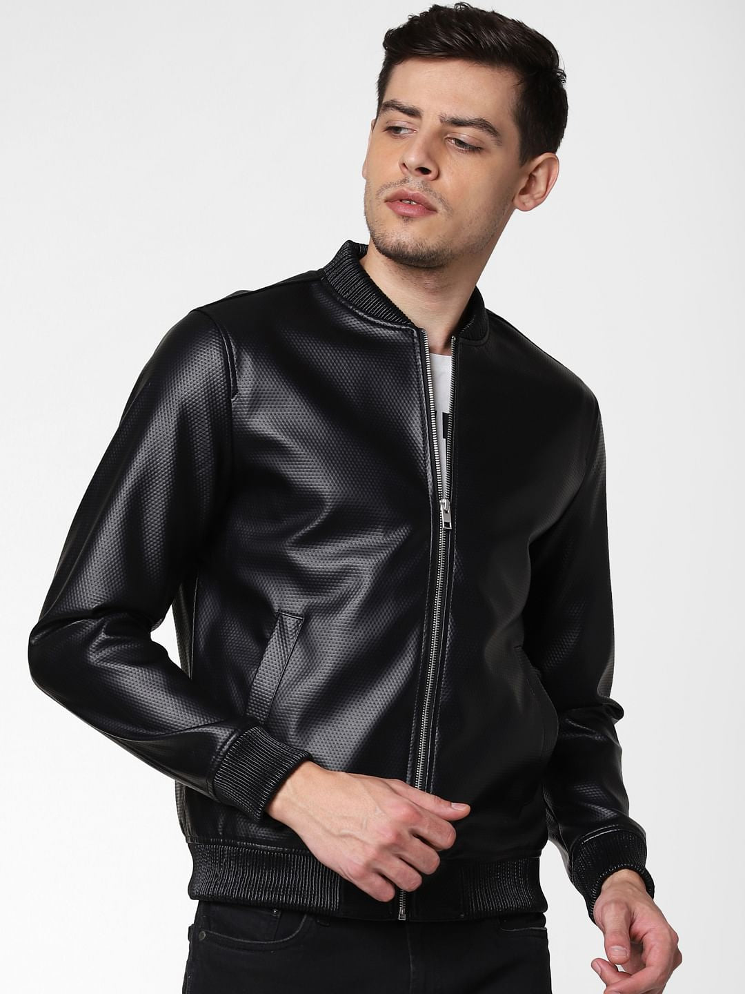 Black Embossed Pu Bomber Jacket