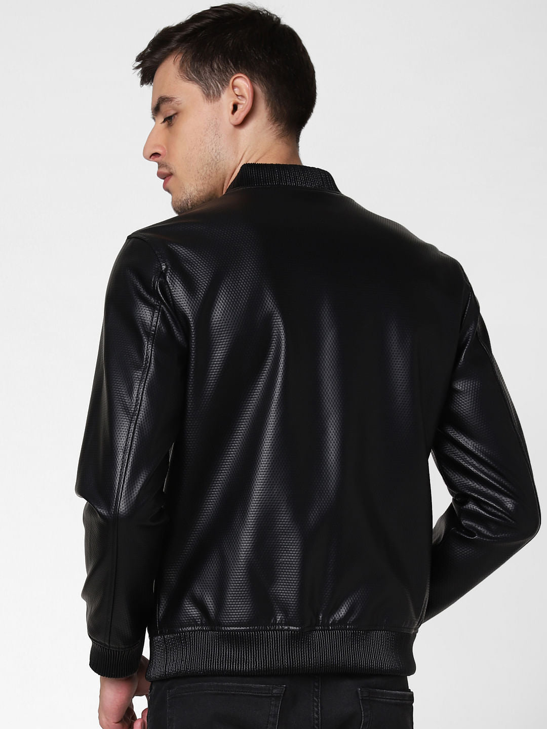 Black Embossed Pu Bomber Jacket
