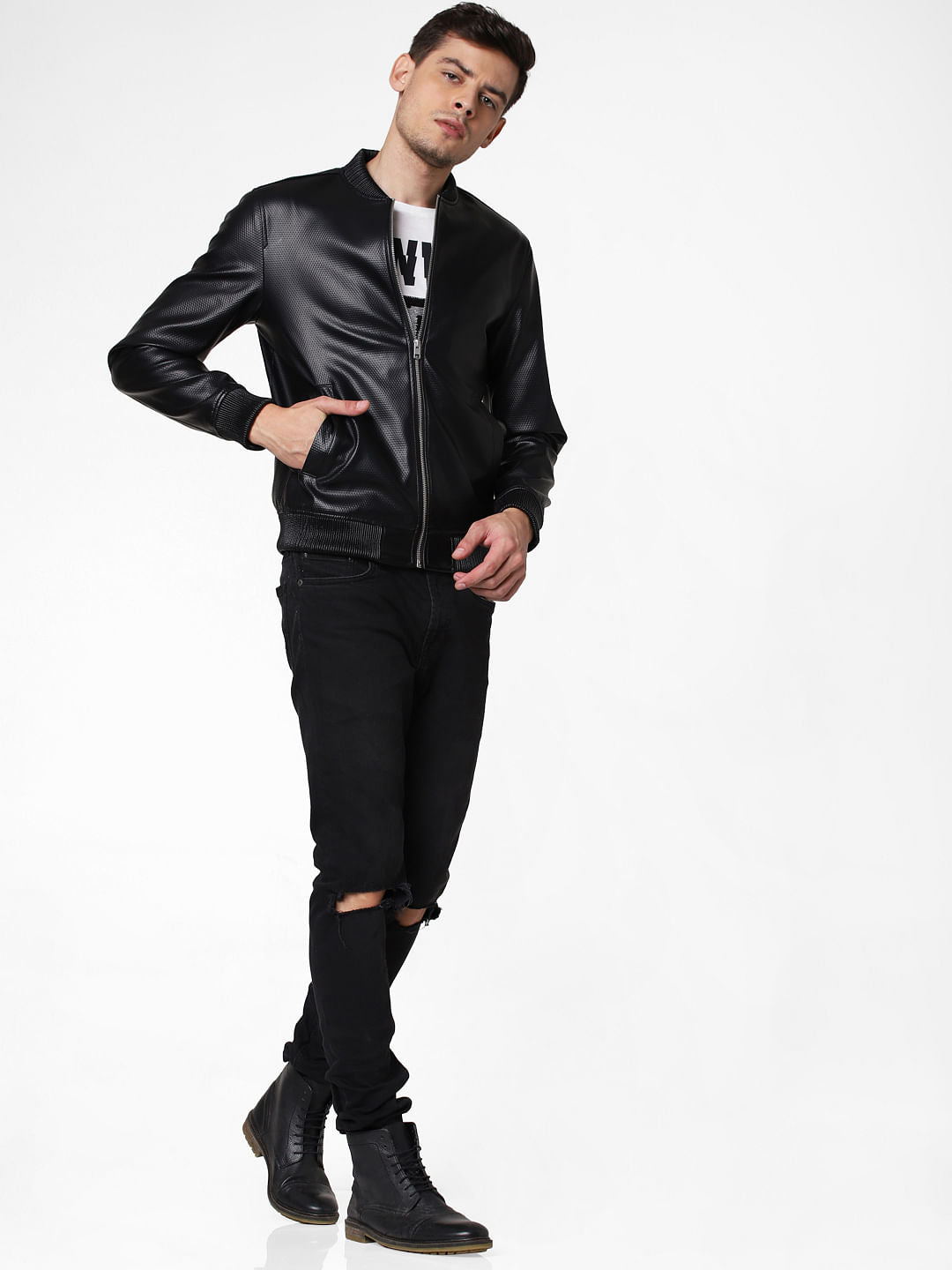 Black Embossed Pu Bomber Jacket