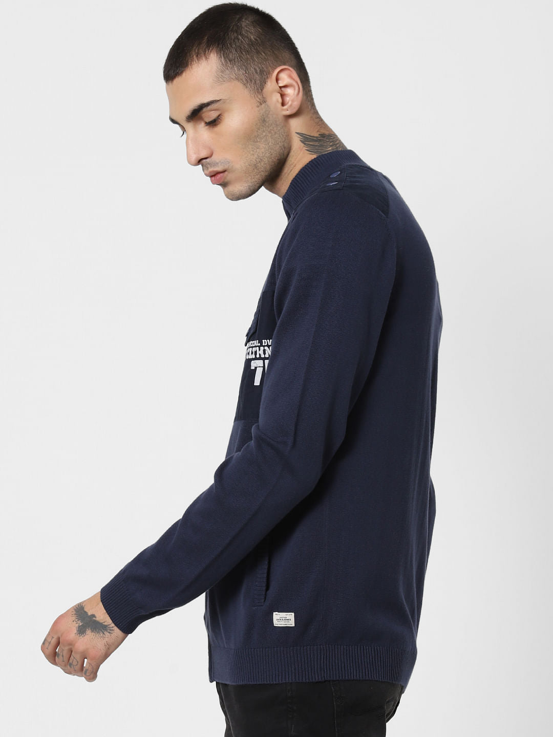 Navy Blue High Neck Zip Up Cardigan