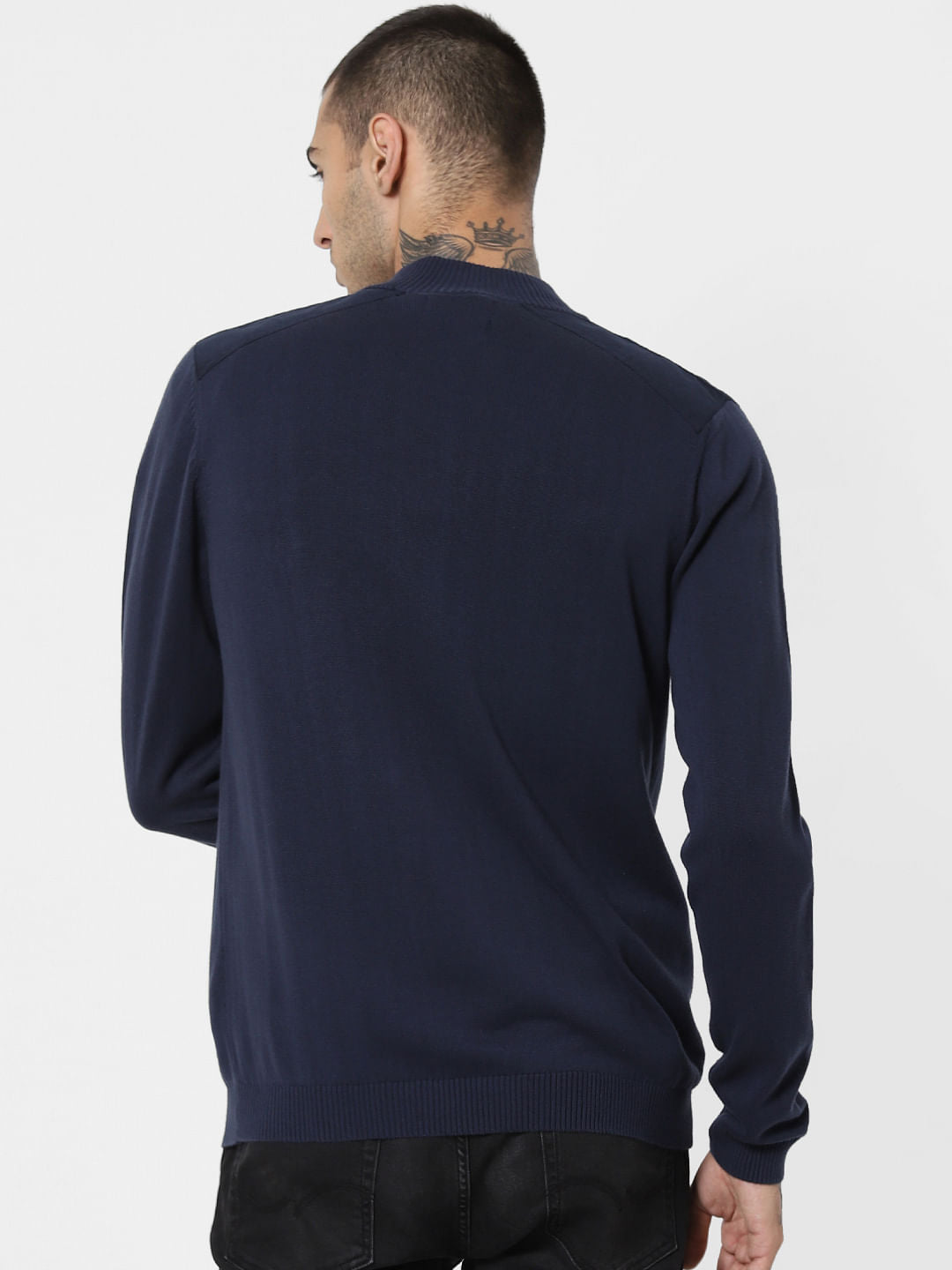Navy Blue High Neck Zip Up Cardigan