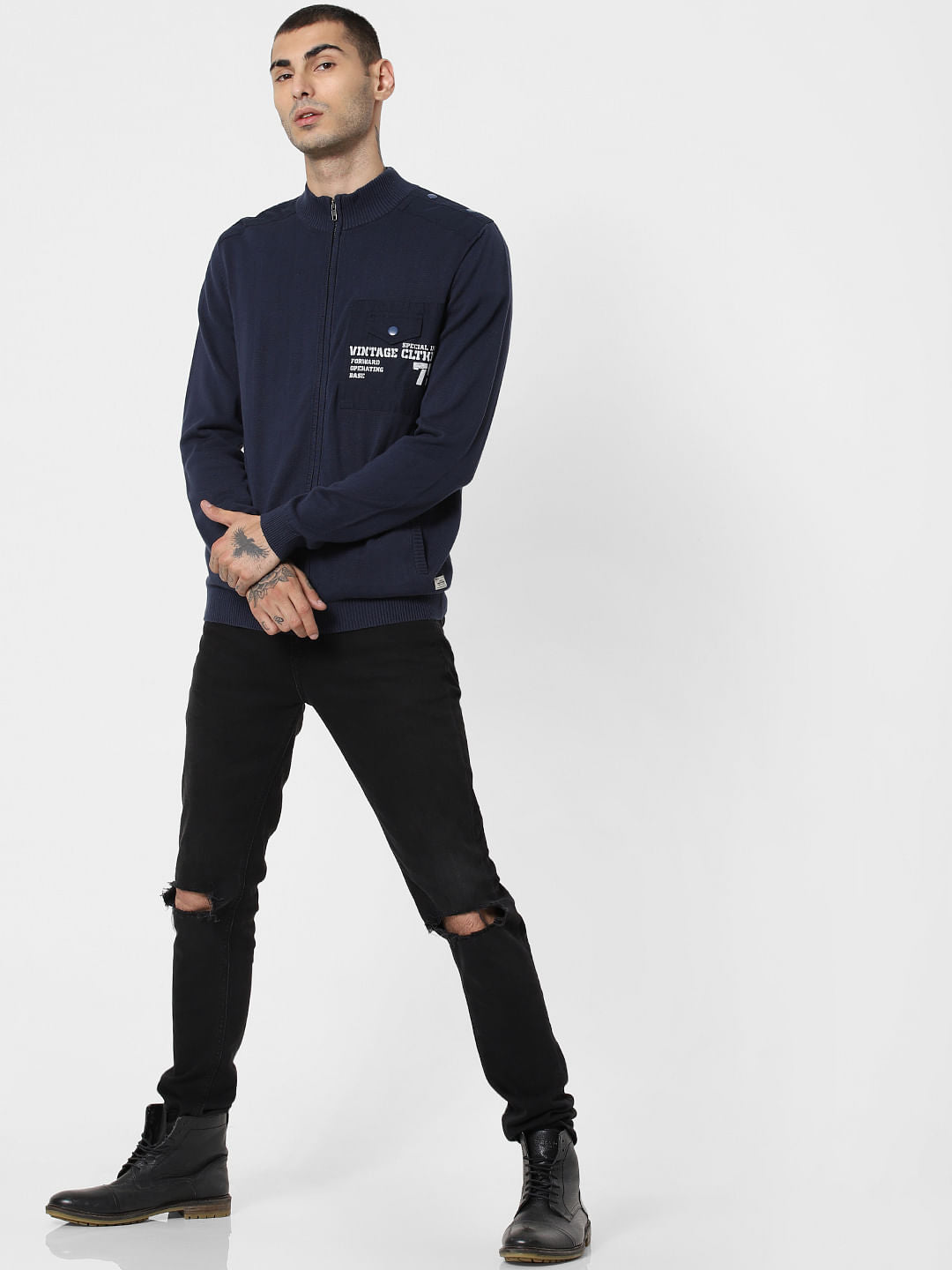 Navy Blue High Neck Zip Up Cardigan