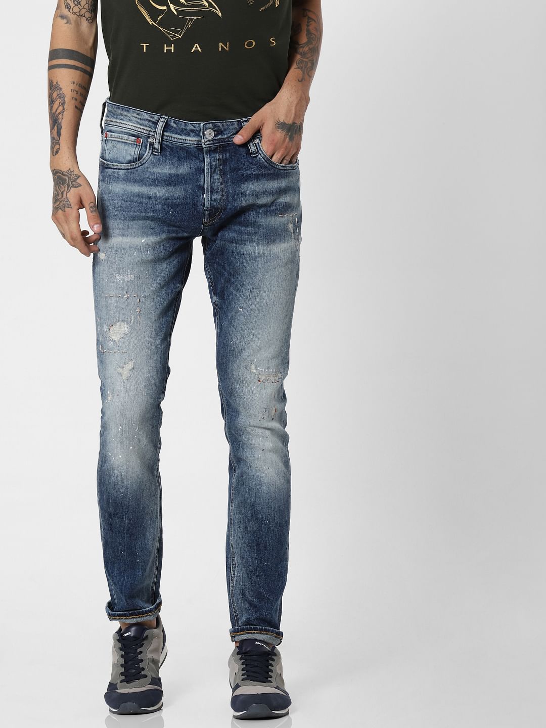 Blue Low Rise Distressed Ben Skinny Fit Jeans