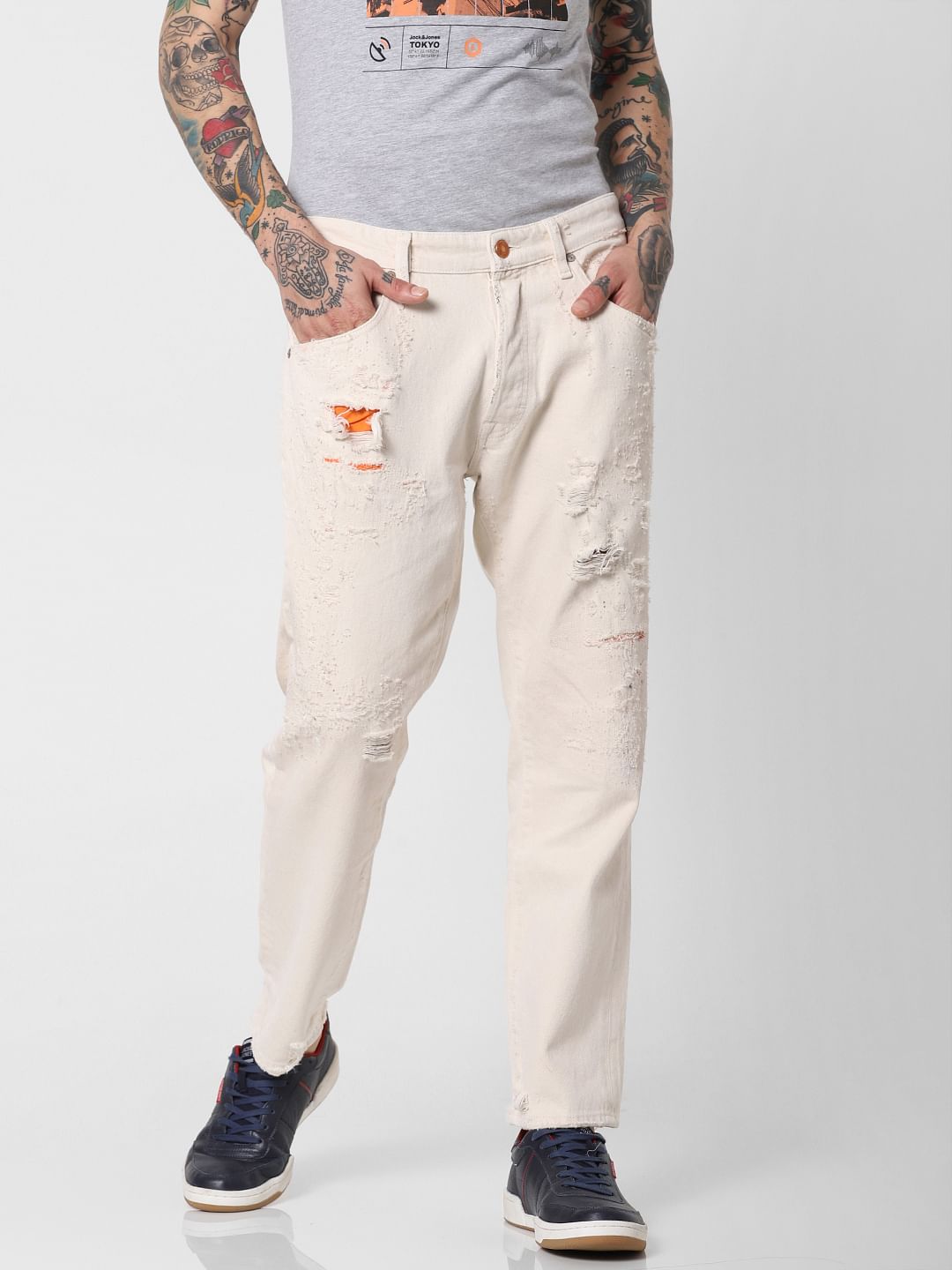Cream Mid Rise Ripped Frank Slim Fit Jeans