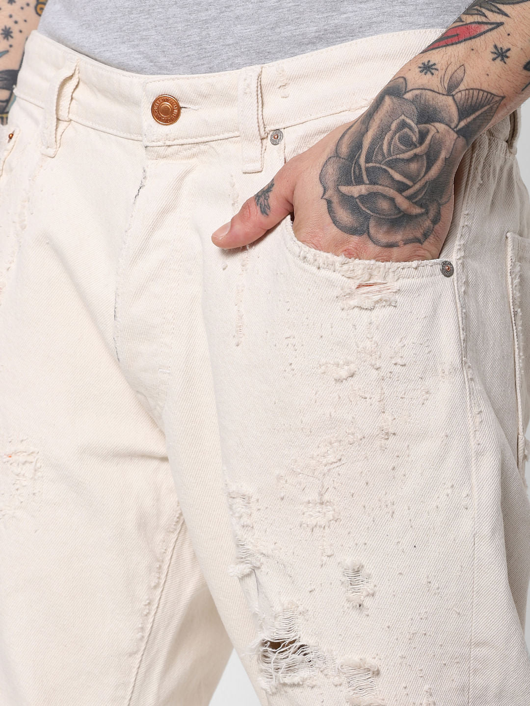 Cream Mid Rise Ripped Frank Slim Fit Jeans