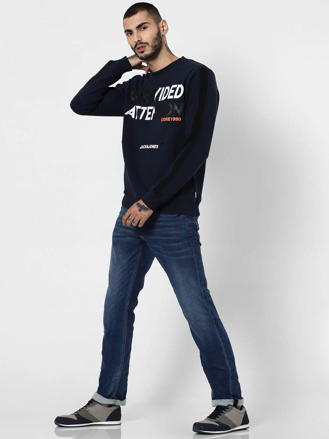 Navy Blue Text Print Sweatshirt