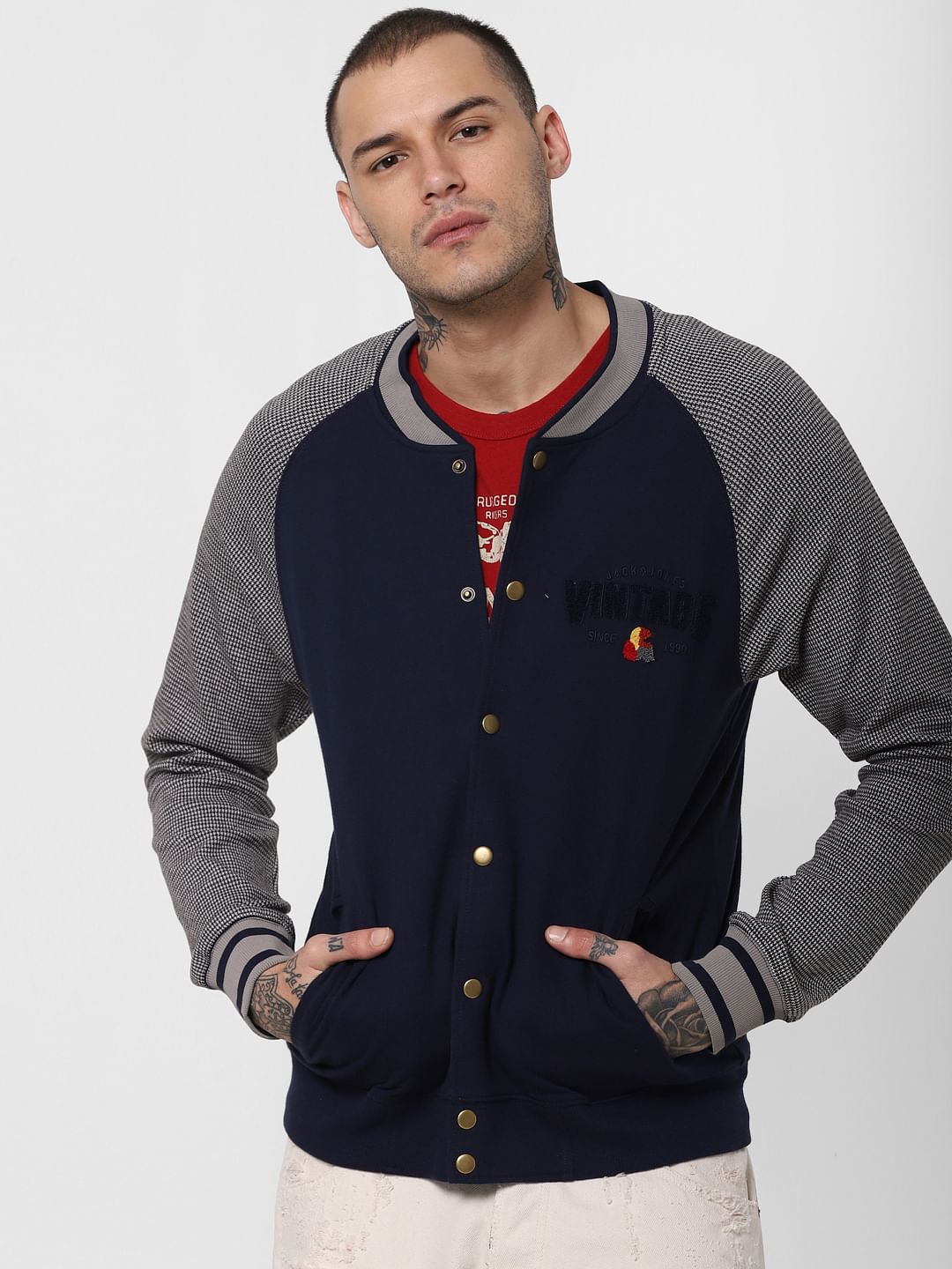 Blue Button Down Bomber Sweatshirt