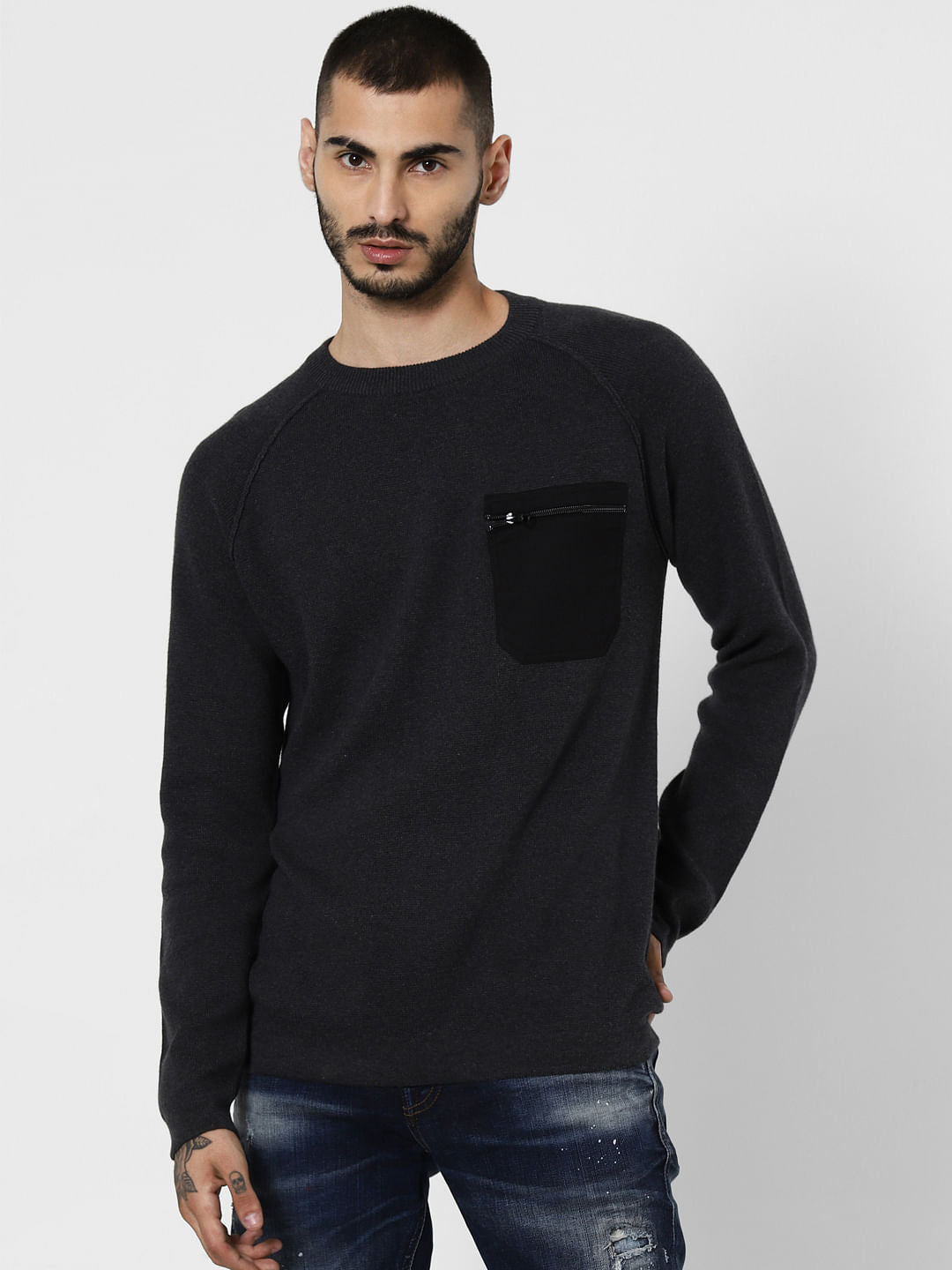 Dark Grey Patch Pocket Pullover