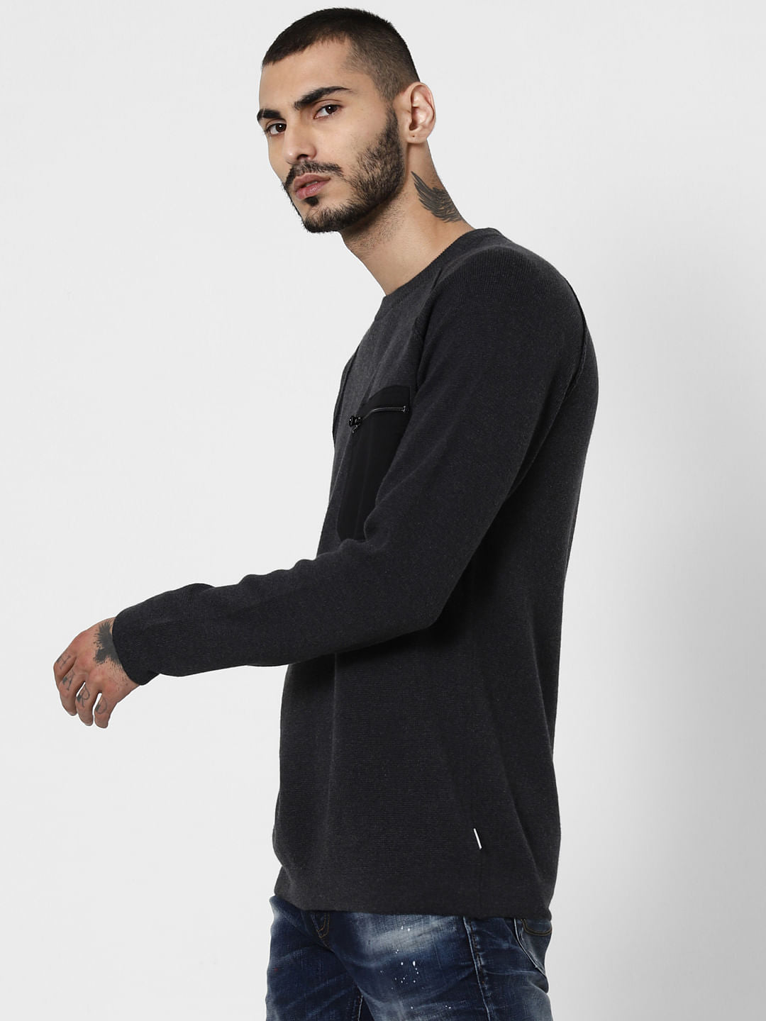 Dark Grey Patch Pocket Pullover