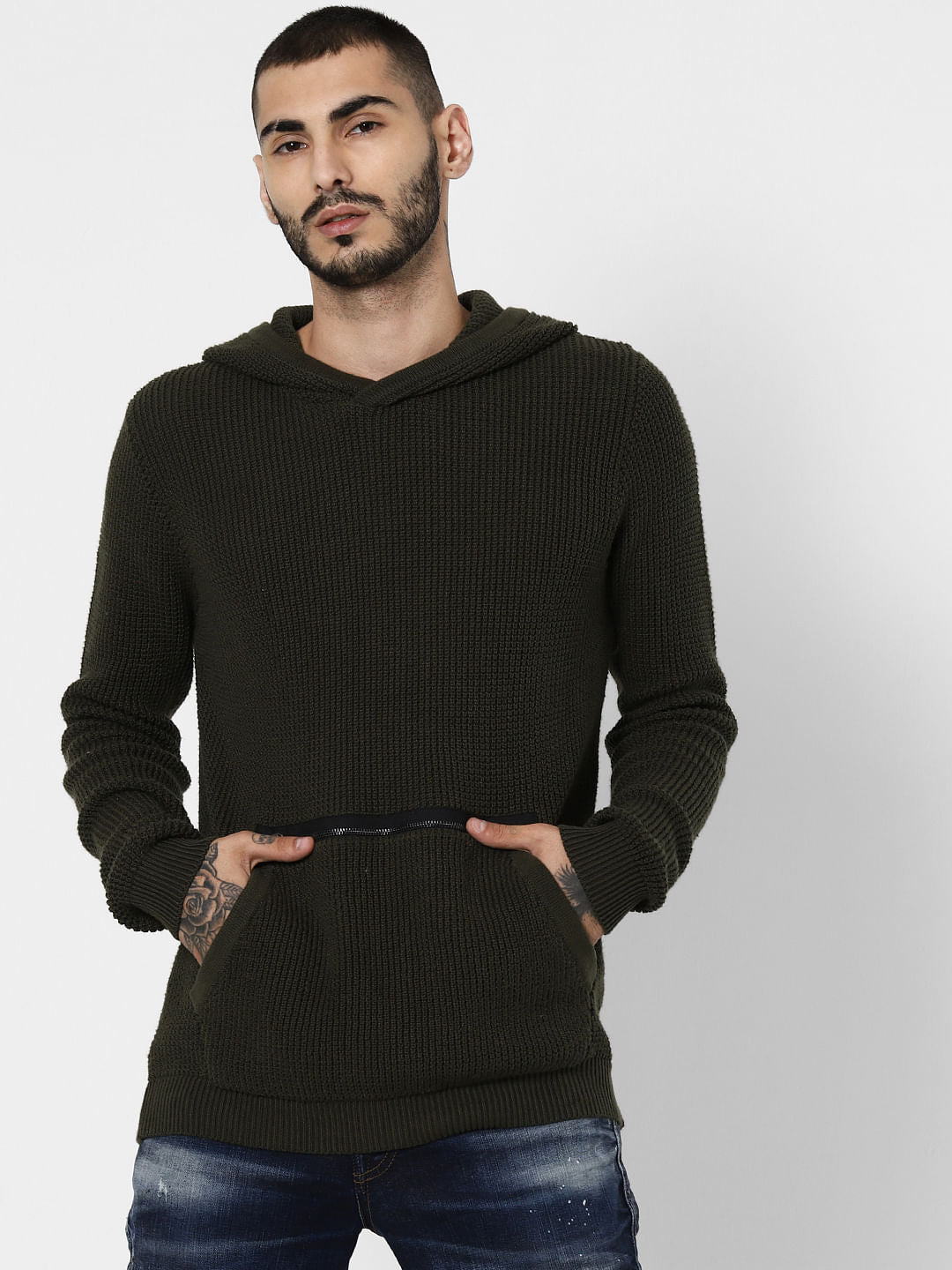 Dark Green Textured Hooded Pullover