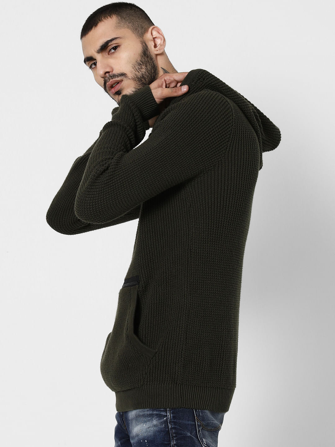 Dark Green Textured Hooded Pullover