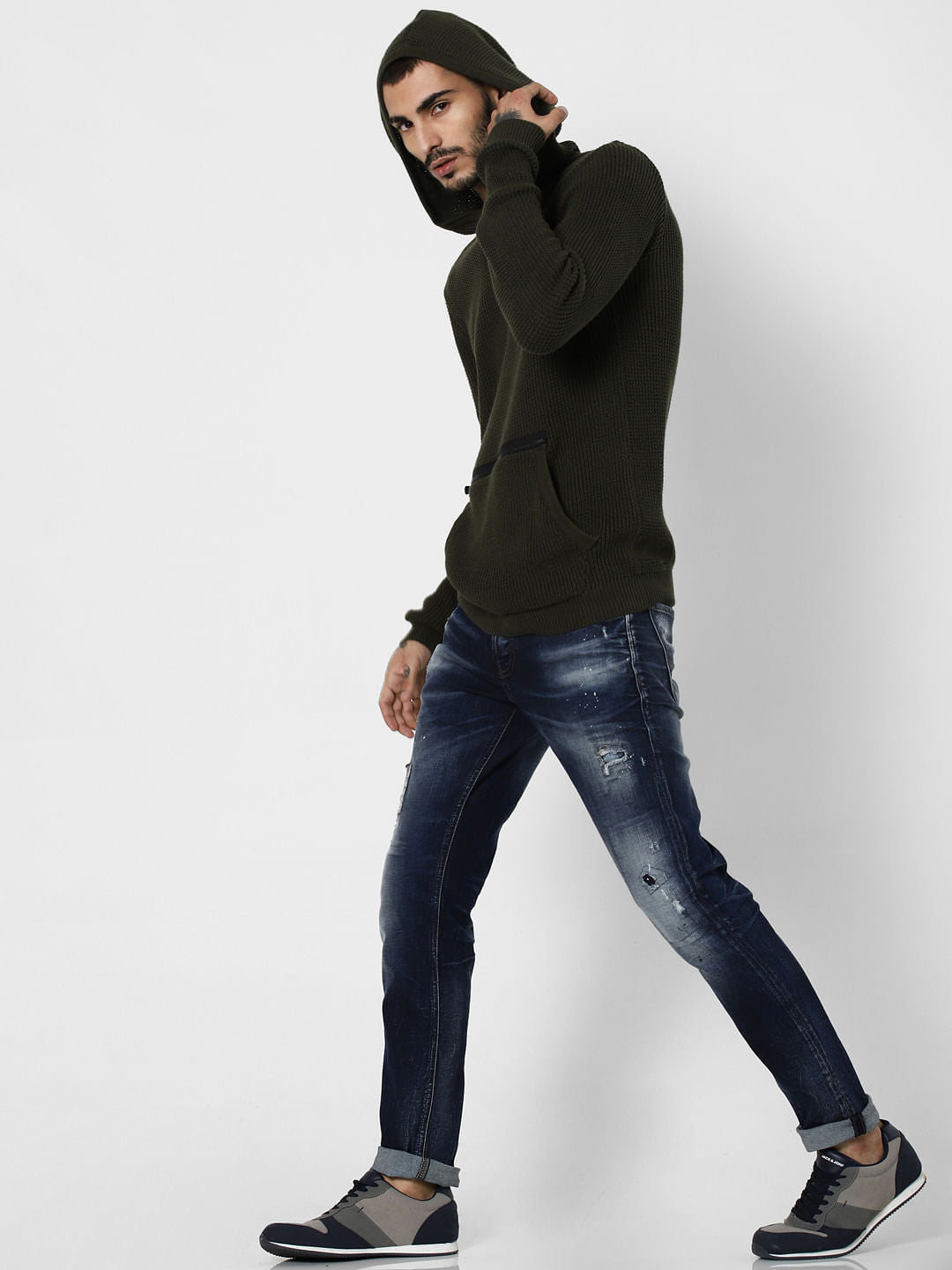 Dark Green Textured Hooded Pullover