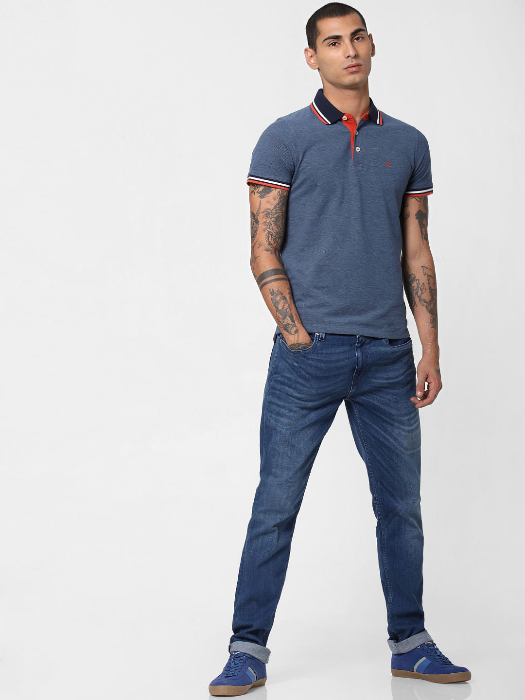 Blue Contrast Collar Polo T-shirt