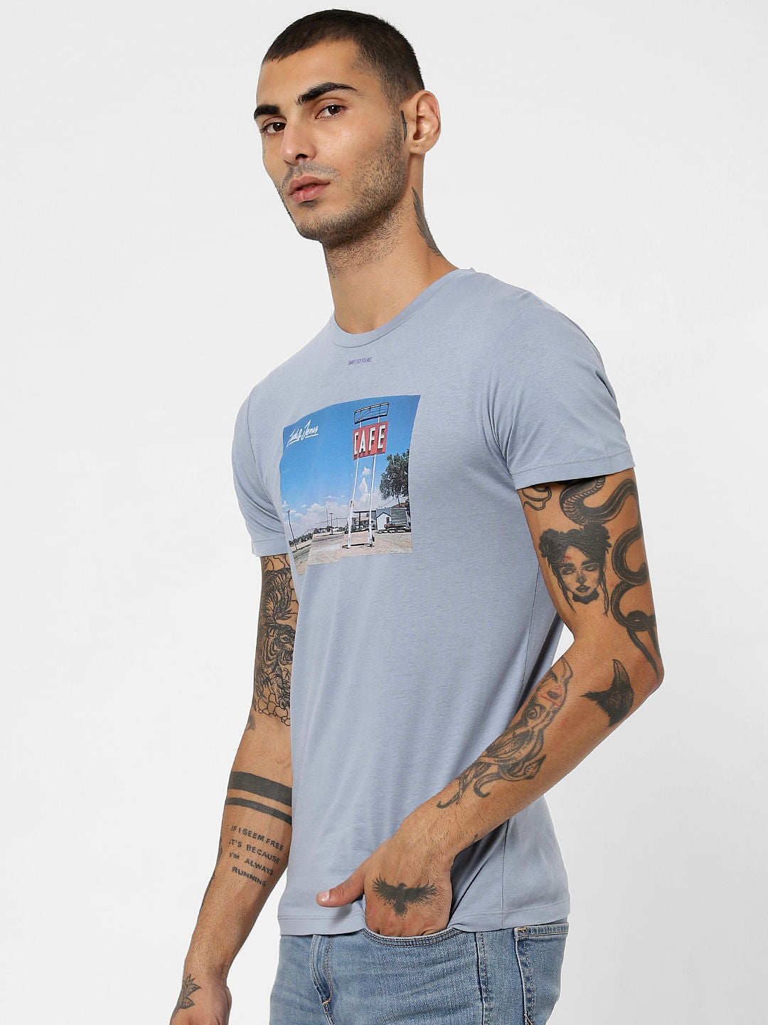 Blue Graphic Patch Crew Neck T-shirt