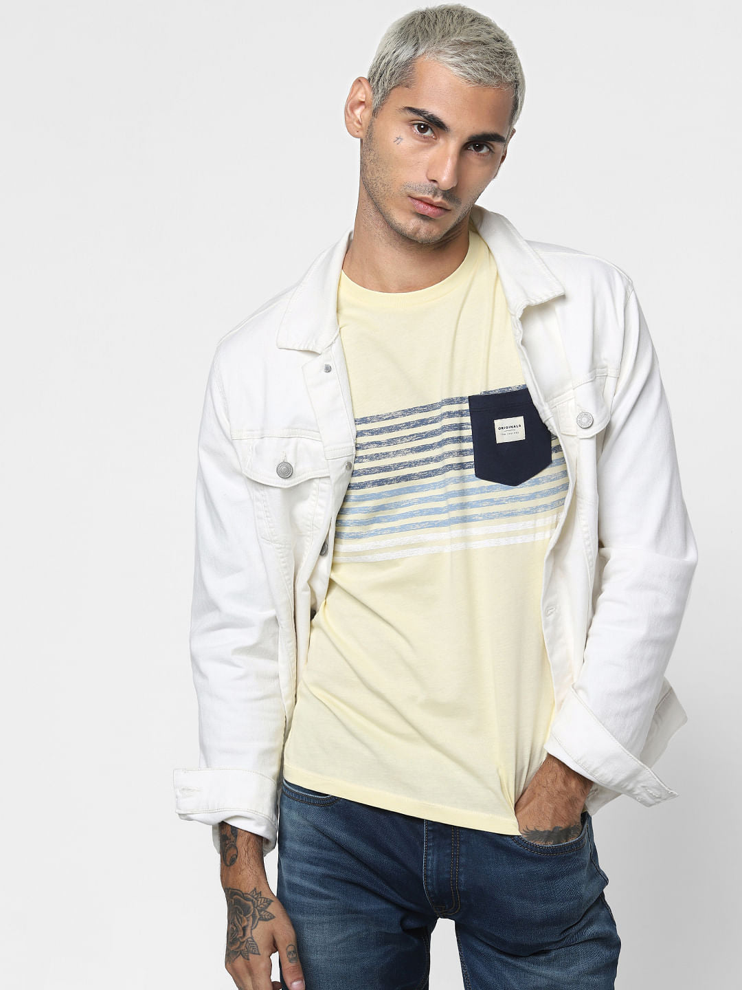Light Yellow Striped Patch T-shirt