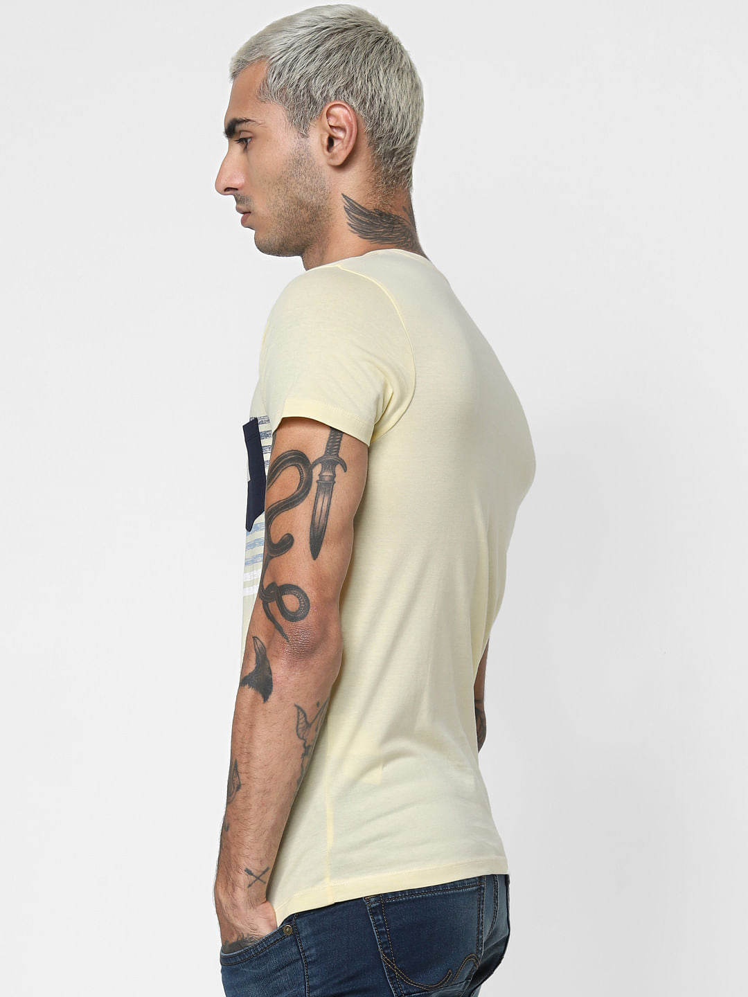 Light Yellow Striped Patch T-shirt
