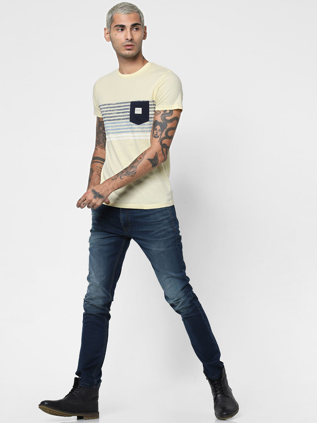Light Yellow Striped Patch T-shirt