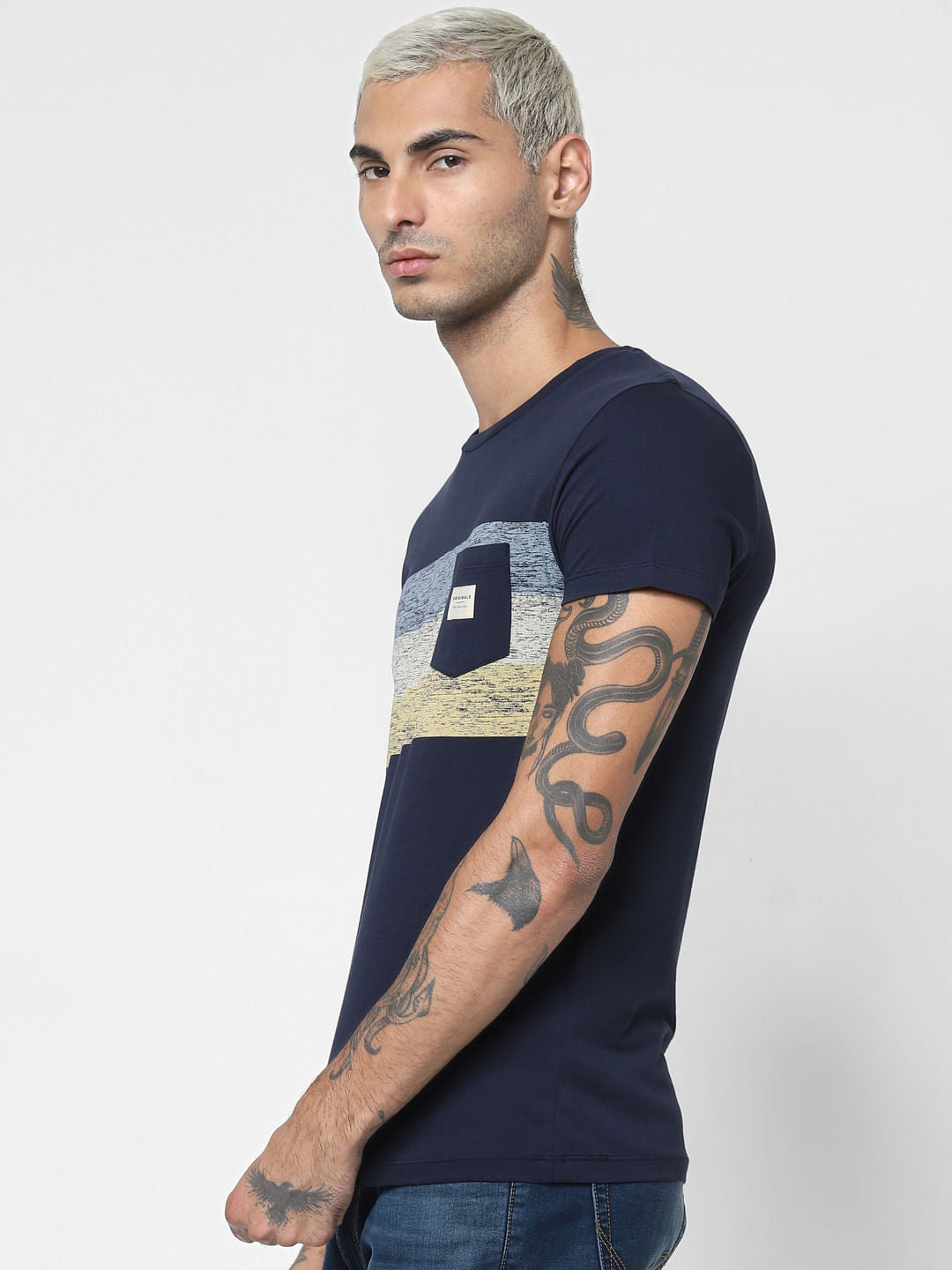 Navy Blue Patch Print Crew Neck T-shirt