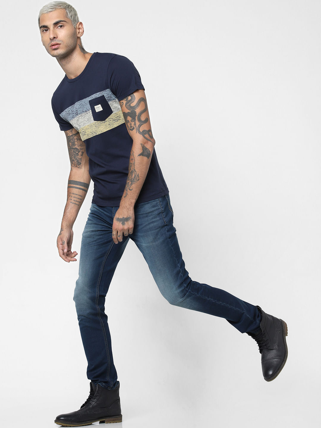 Navy Blue Patch Print Crew Neck T-shirt
