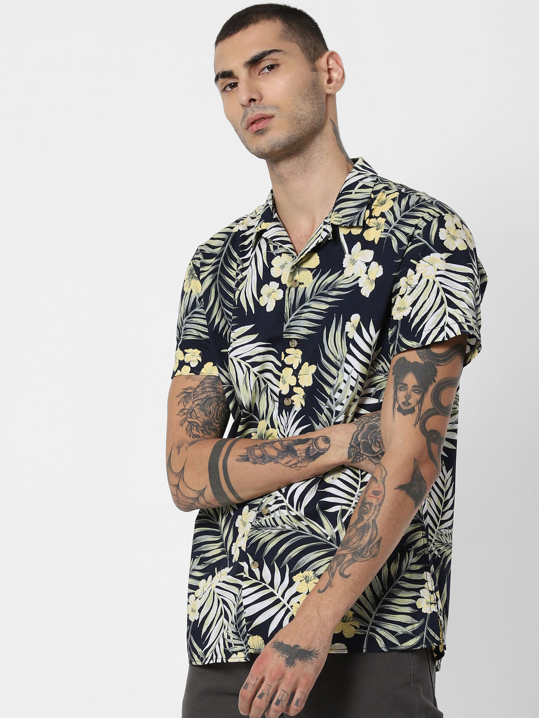 Blue Tropical Print Short Sleeves Shirt