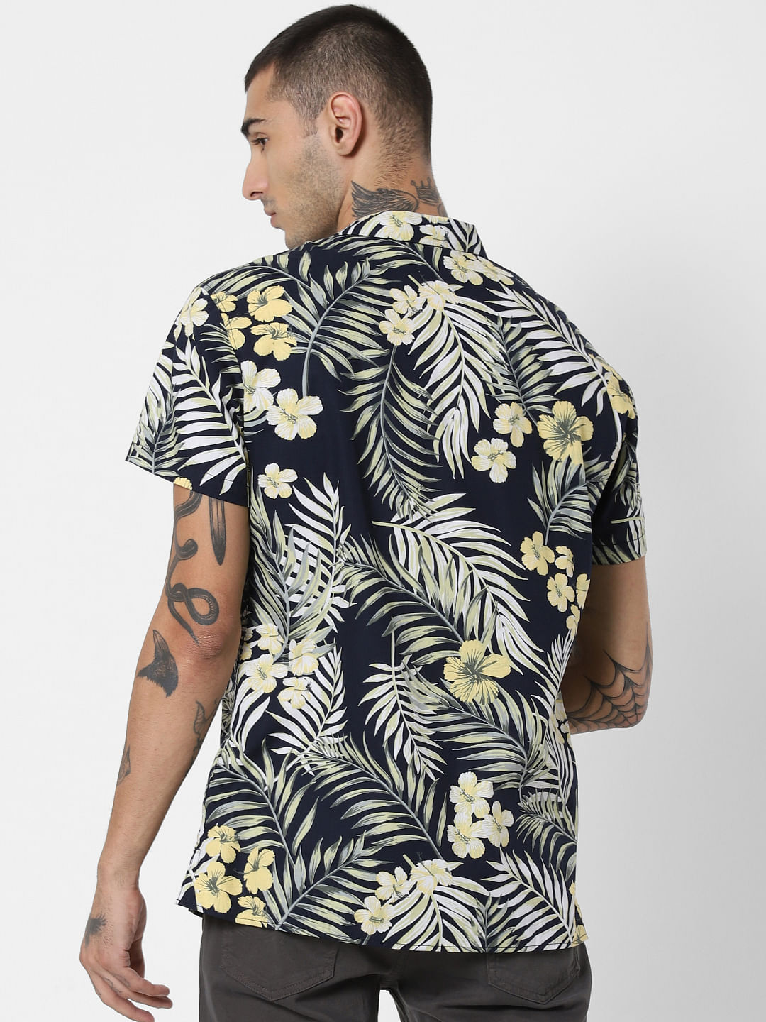 Blue Tropical Print Short Sleeves Shirt