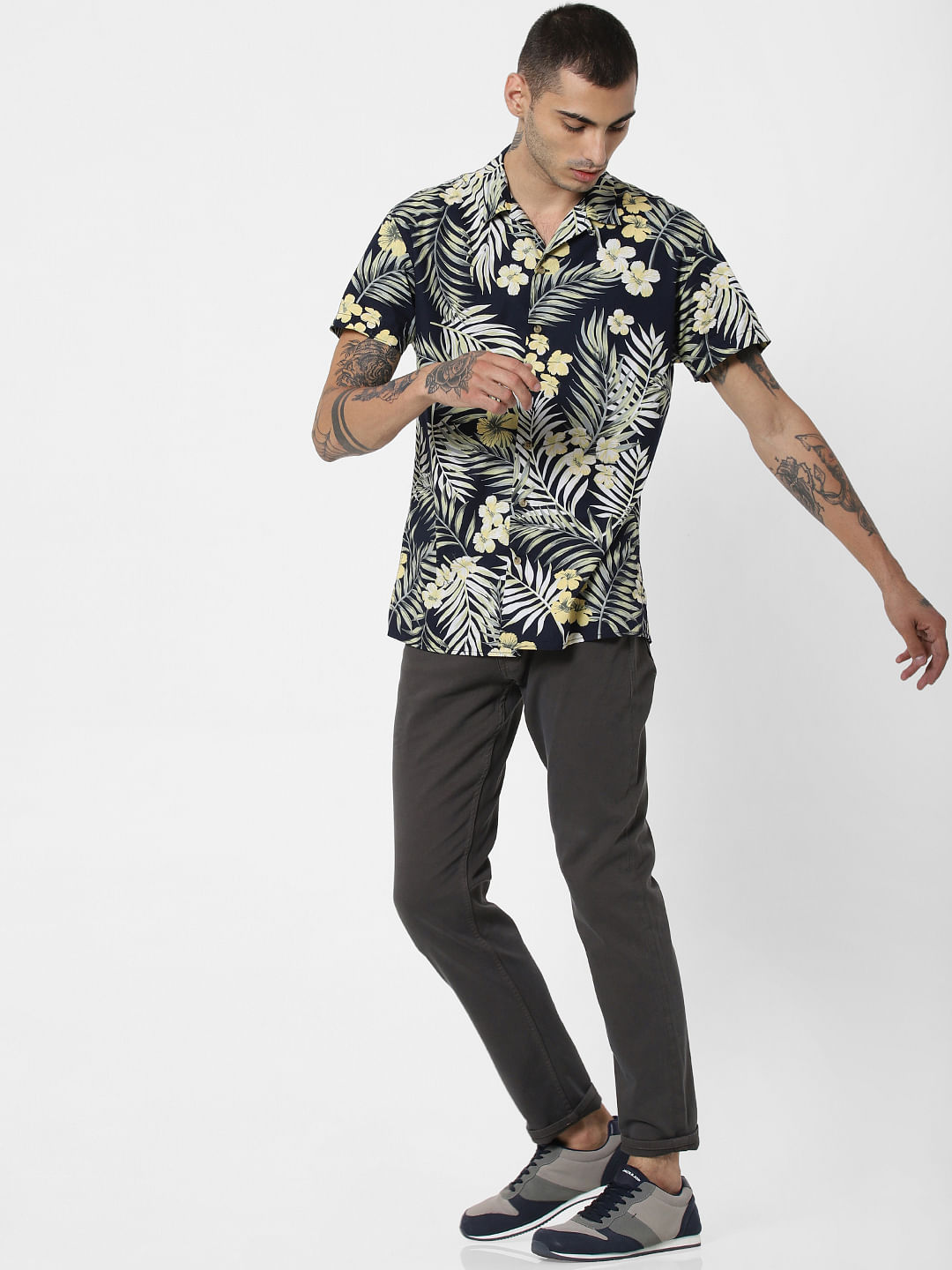 Blue Tropical Print Short Sleeves Shirt