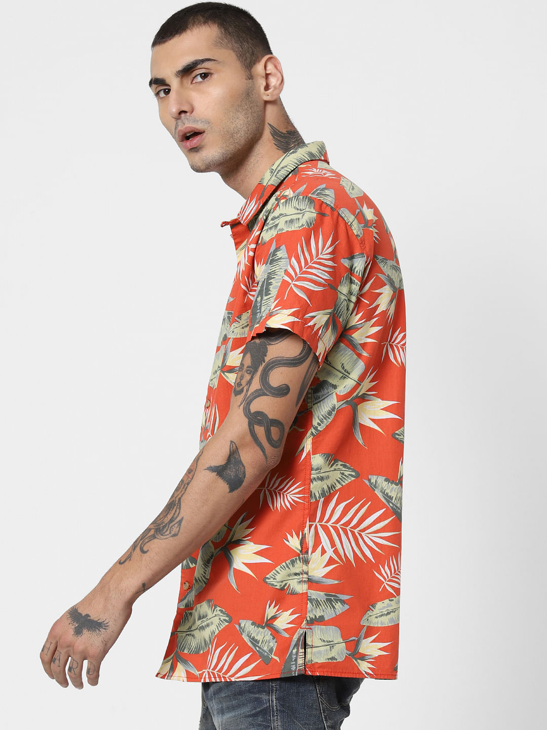 Red Tropical Print Short Sleeves Shirt